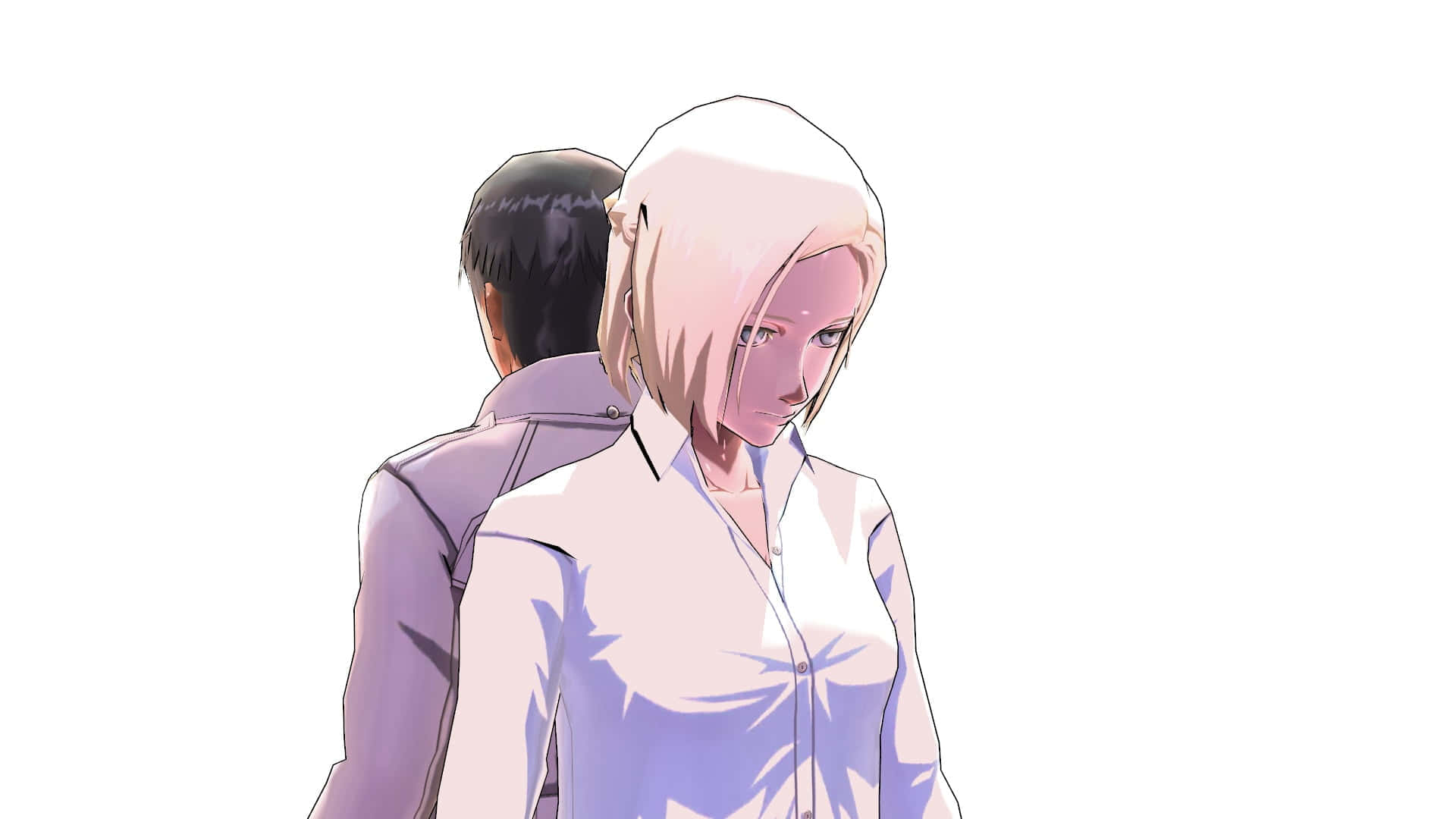 Akira Mado 桌布 壁紙 — 兩個動漫角色站得很近，一個背對，另一個在柔和燈光下低頭看。