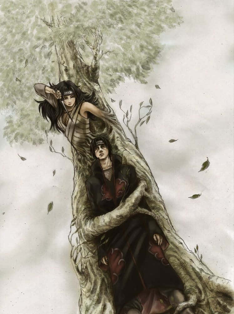 Genjutsu 桌布 壁紙 — 兩個動漫角色緊抓著一棵多節的樹幹，秋葉在他們周圍飄落，營造出陰鬱的森林場景。