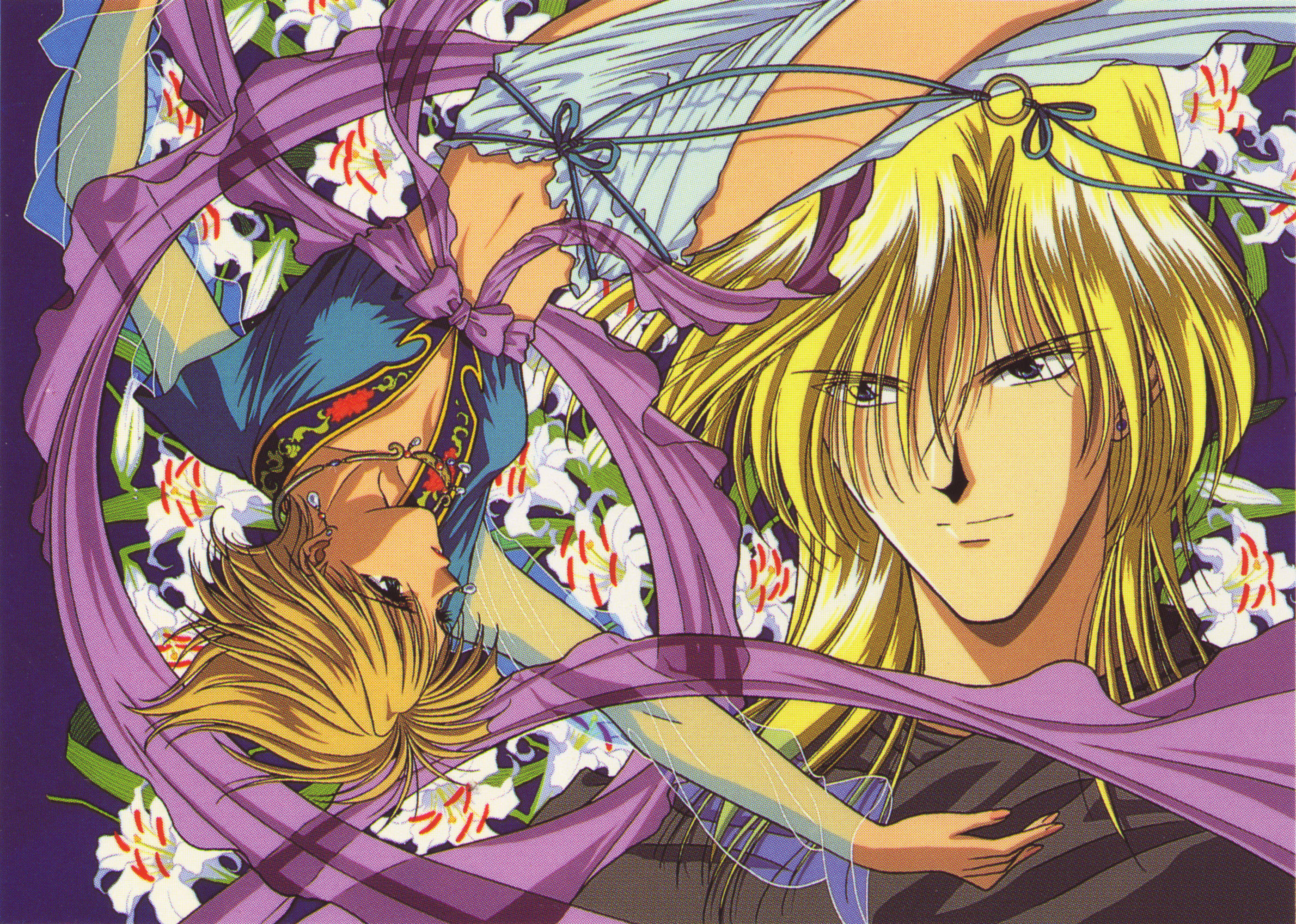 Fushigi Yuugi 桌布 壁紙 — 兩個動漫角色纏繞在流動的紫色絲帶和白色百合花中，背景為深紫色。