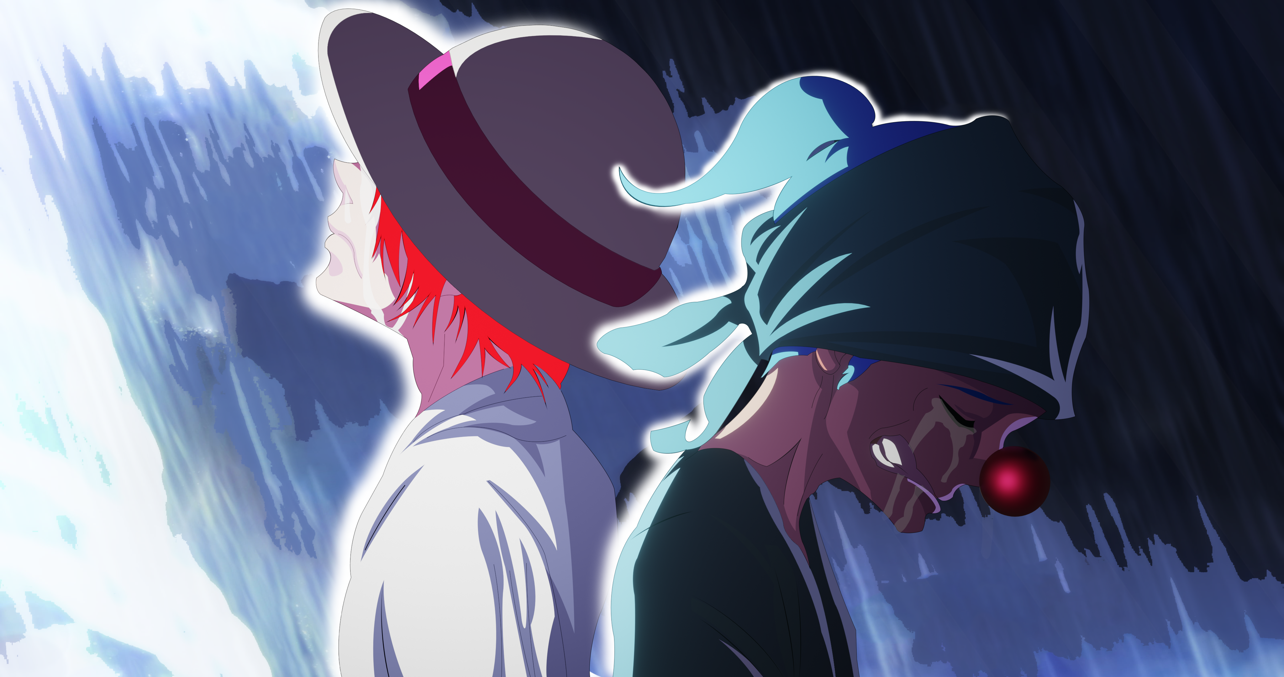 Shanks One Piece 桌布 壁紙 — 兩個動漫角色背光站在發光的瀑布前，一個戴帽，另一個有紅鼻子和藍色頭髮。