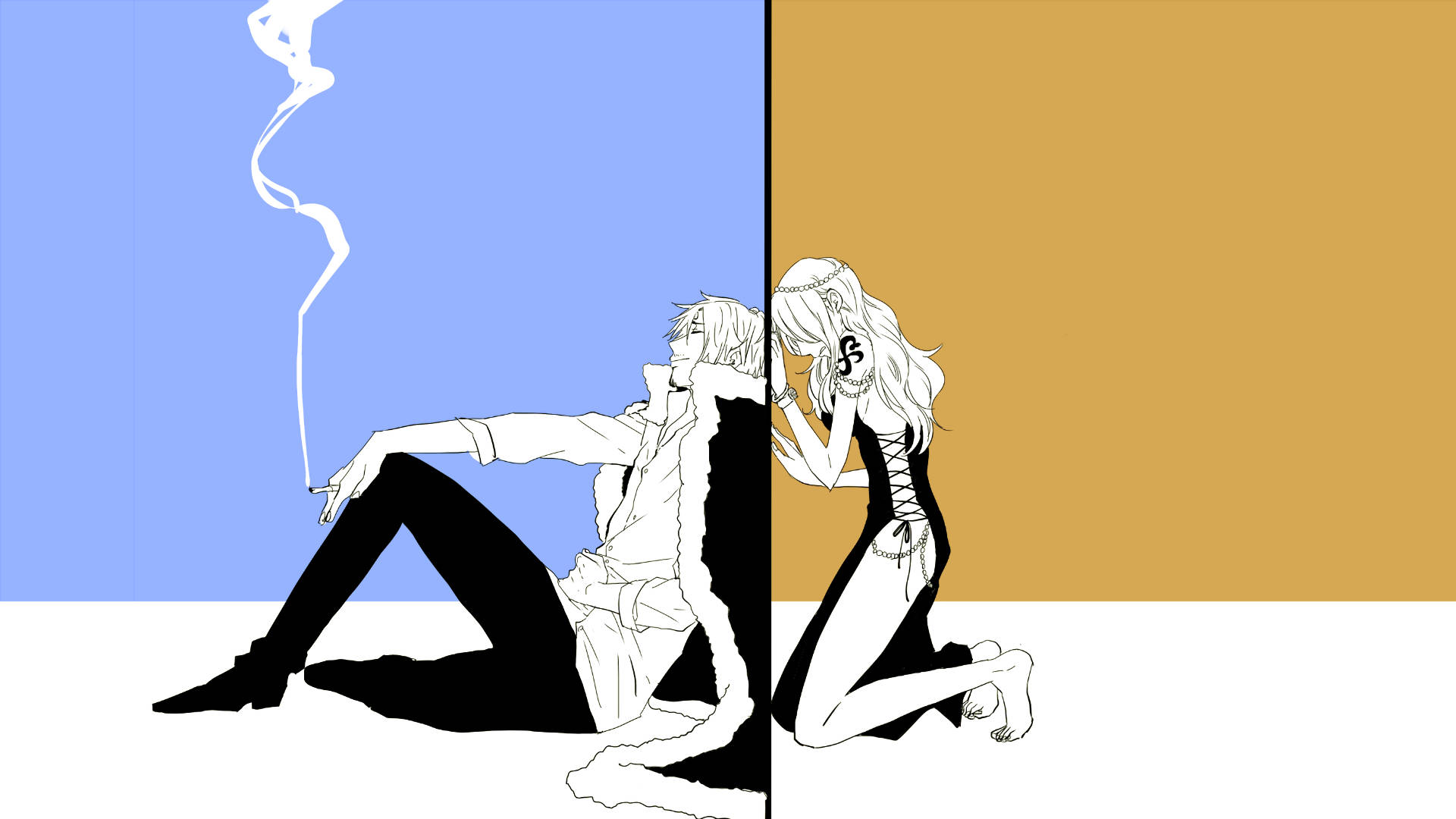 Sanji 桌布 壁紙 — 兩個動漫角色背對背坐著，單色調，背景分為藍色和金色，煙霧升起。