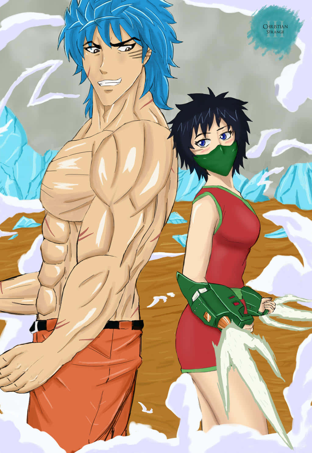 Toriko 桌布 壁紙 — 兩個動漫角色背對背站在一個有藍色冰層和旋轉雲層的雪景中。