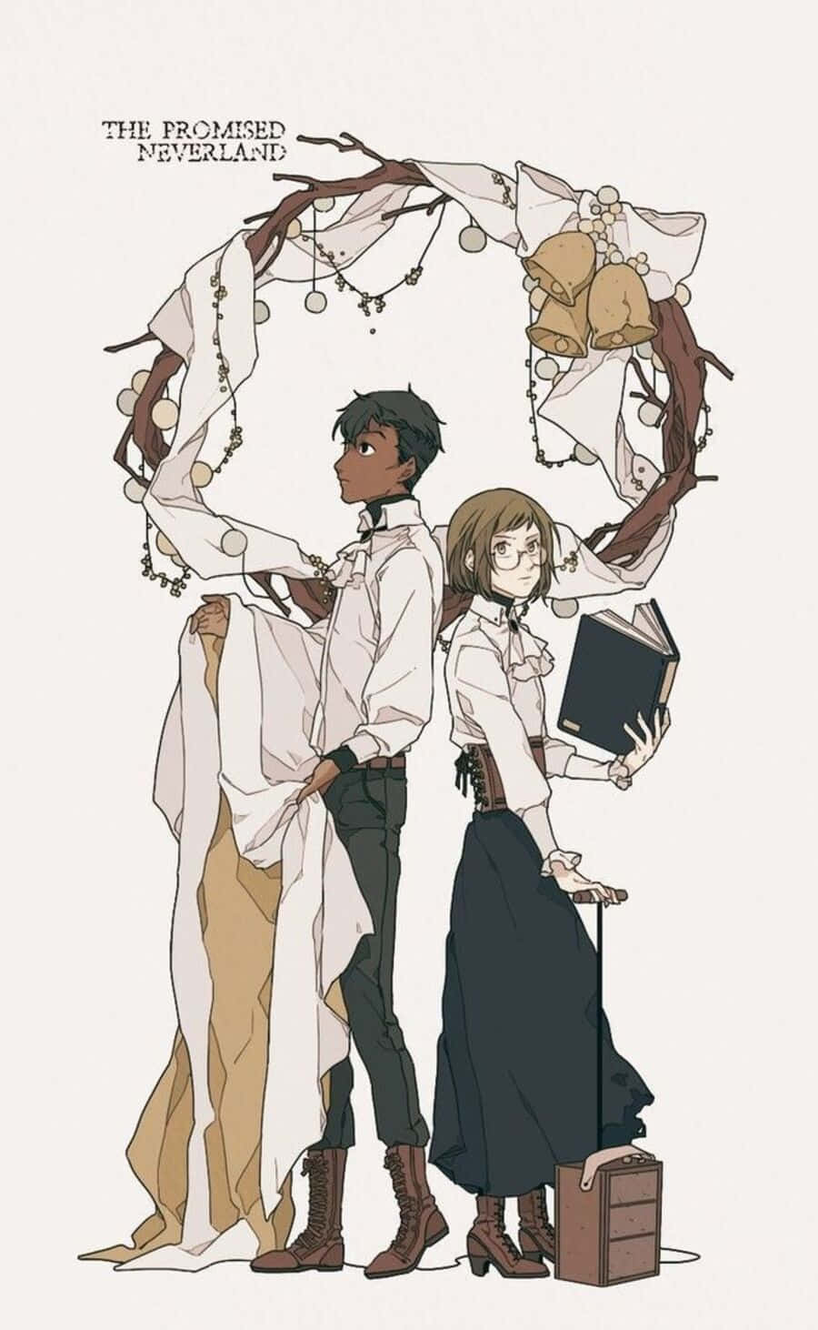 The Promised Neverland Don 桌布 壁紙 — 兩個動漫角色背對背站在一個裝飾花環下，花環上掛有鈴鐺和布料。