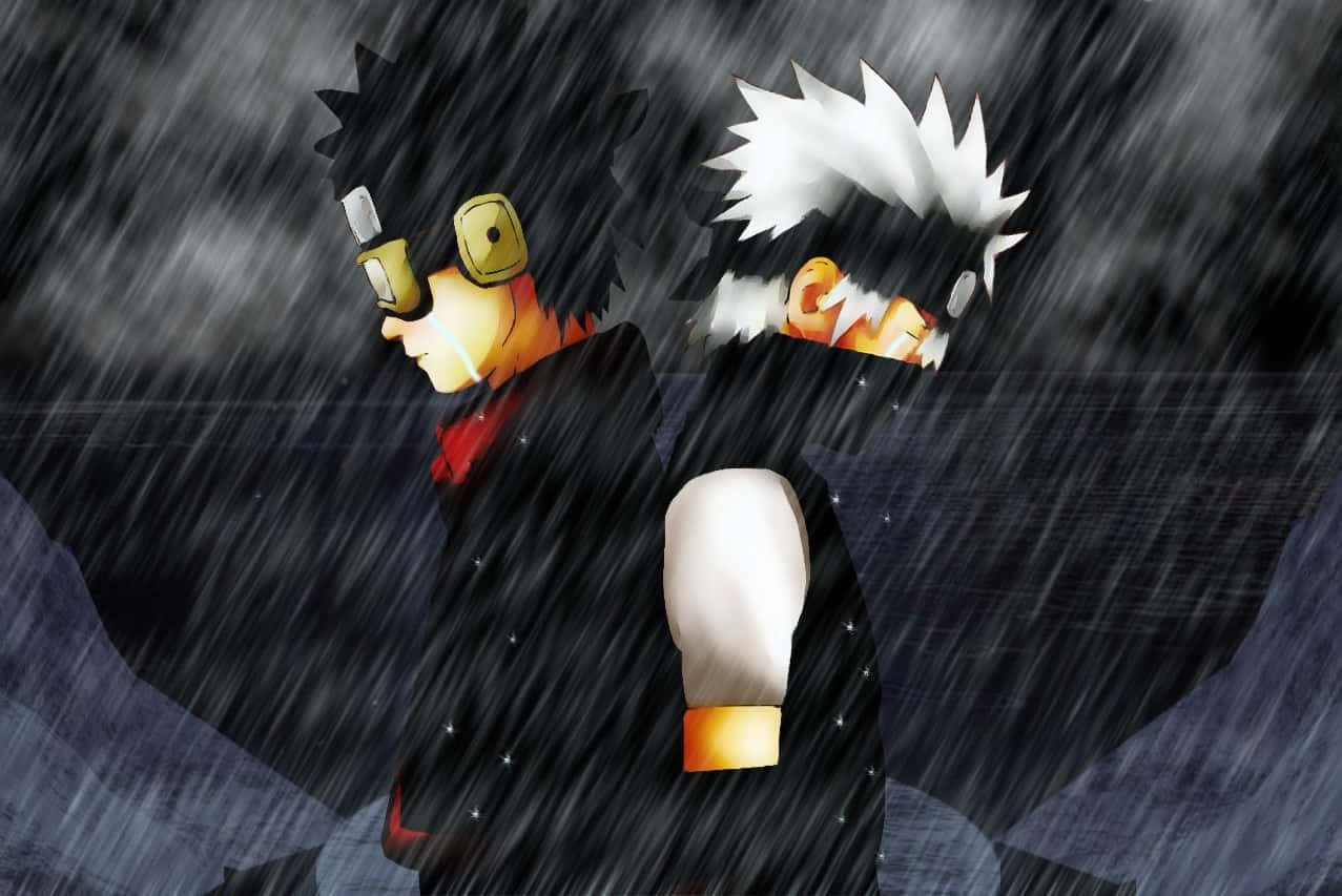 桌布 壁紙 — 兩個動漫角色背對背站在傾盆大雨中，身後有雨絲和烏雲。