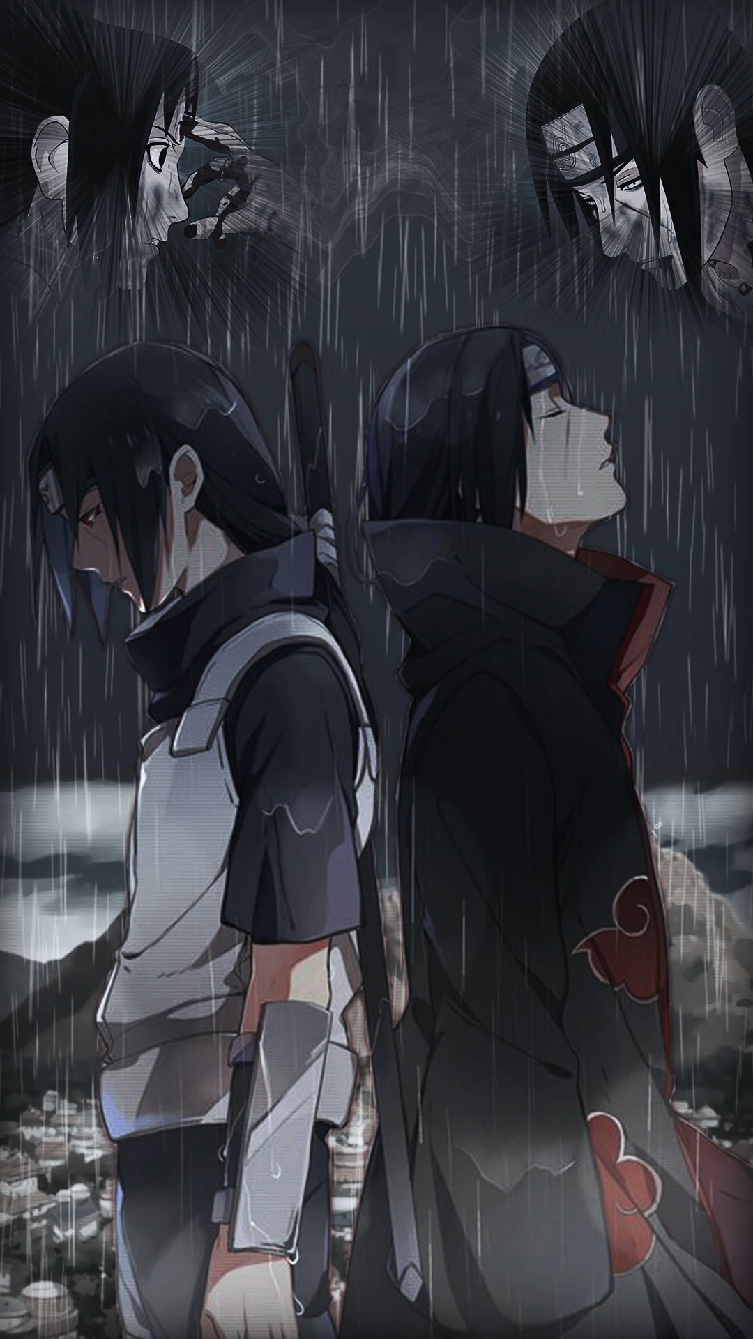曉 鼬 桌布 壁紙 — 兩個動漫角色背對背站在大雨中，幽靈般的面孔在他們上方隱現，背景是黑暗的城市景觀。