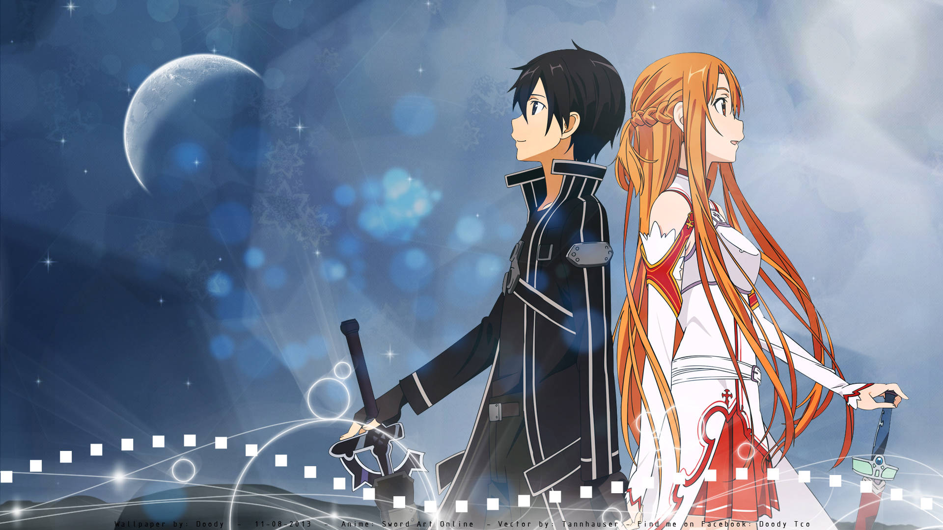 Kirito 桌布 壁紙 — 兩個動漫角色背對背站在新月下，手持劍，背景是繁星點點的藍色夜空。