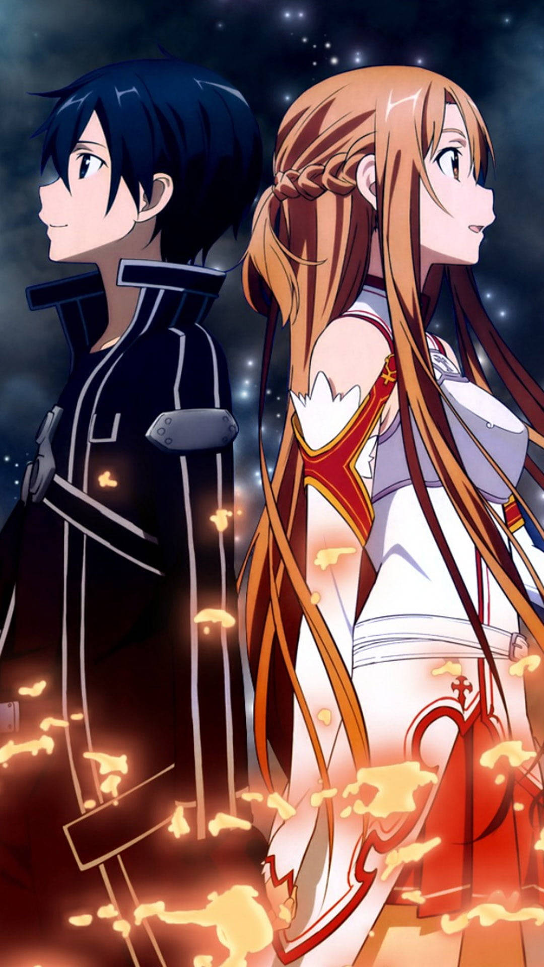Kirito 桌布 壁紙 — 兩個動漫角色背對背站在星空下，發光的餘燼在他們腳邊旋轉。