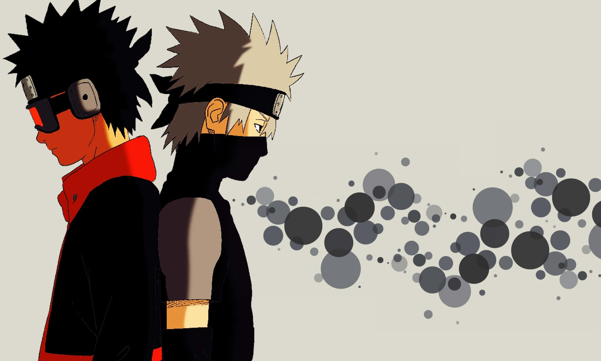 Kakashi And Tobi 桌布 壁紙 — 兩個動漫角色背對背站在純色背景前，身後有一串灰色圓圈流動。