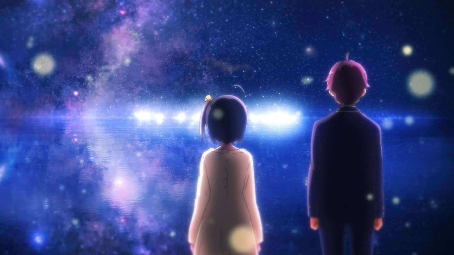 Stars 桌布 壁紙 — 兩個動漫角色背對背站立，凝視著星空下水中反射的發光宇宙星雲。