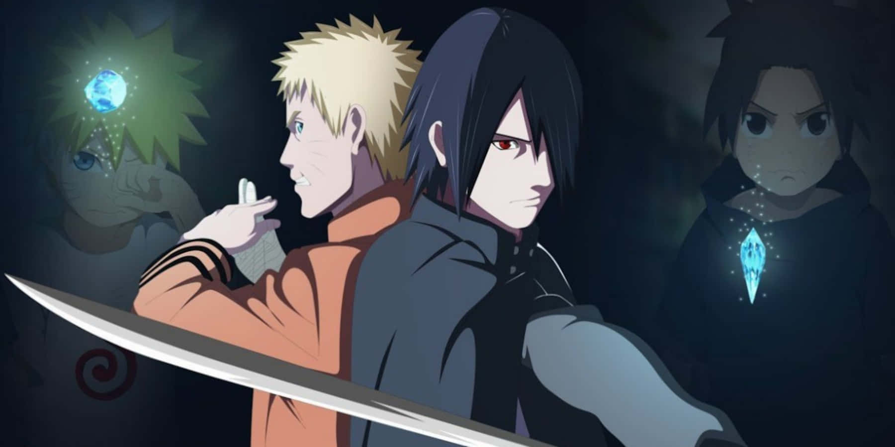 Ps4 Naruto 桌布 壁紙 — 兩個動漫角色背對背站立，手持一把劍，身後有發光的藍色查克拉符號，色調陰暗。