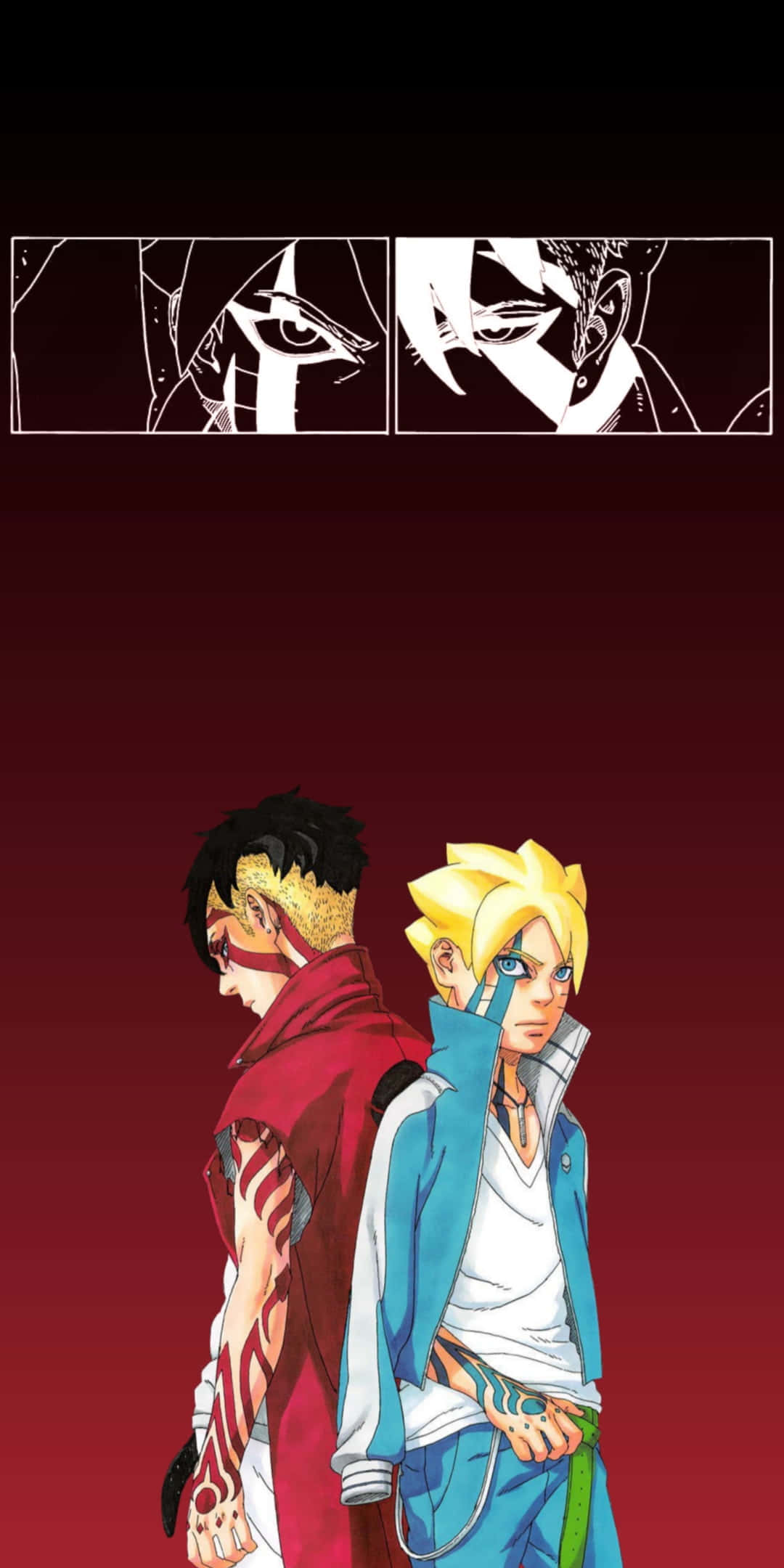 Boruto Vs Kawaki 桌布 壁紙 — 兩個動漫角色背對背站立，背景是深紅色漸層，上方有黑白漫畫格展示強烈的眼睛。