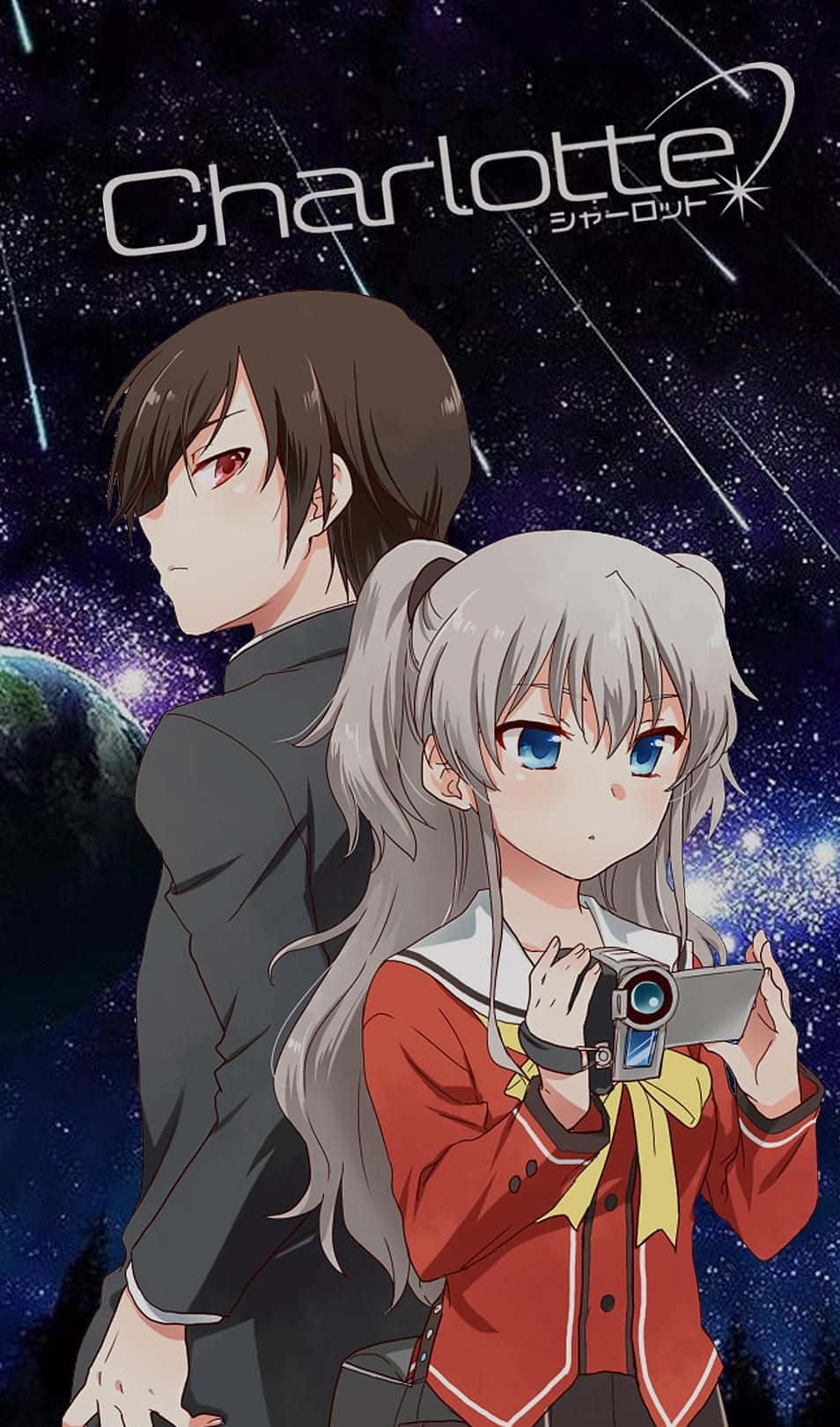 動漫男孩和女孩在太空中，身後有相機和行星。 — 影片 GIF 壁紙