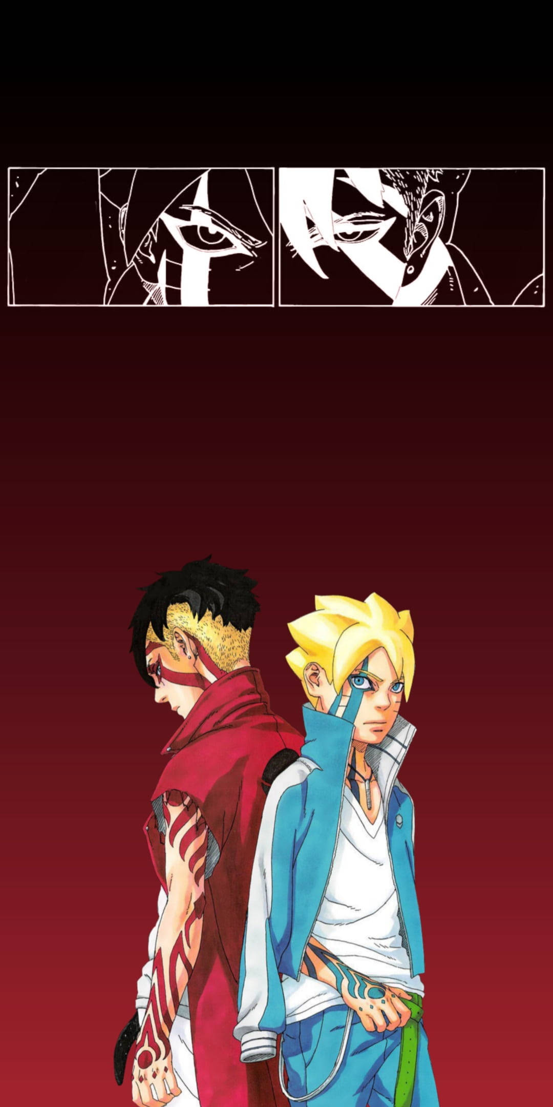 Aesthetic Anime Boy 桌布 壁紙 — 兩個動漫角色背對背站立，背景為深紅色漸變，上方有漫畫格展示強烈的眼睛。