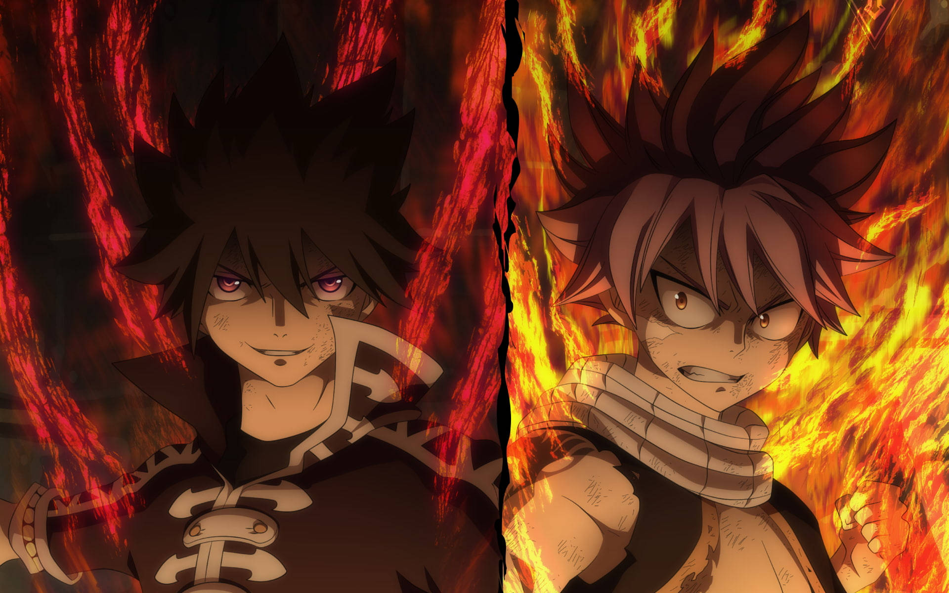 Fairy Tail Characters 桌布 壁紙 — 兩個動漫角色背對背站立，被對比鮮明的紅色和橙色火焰包圍，表情激烈。