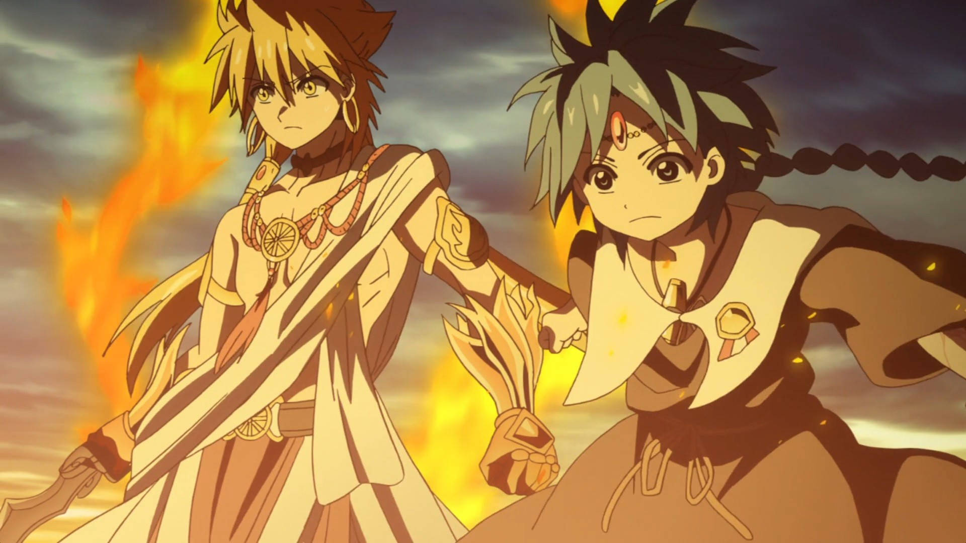 magi the kingdom of magic 桌布 壁紙 — 兩個動漫角色背對背站立，面對熾熱的日落天空，表情堅定。