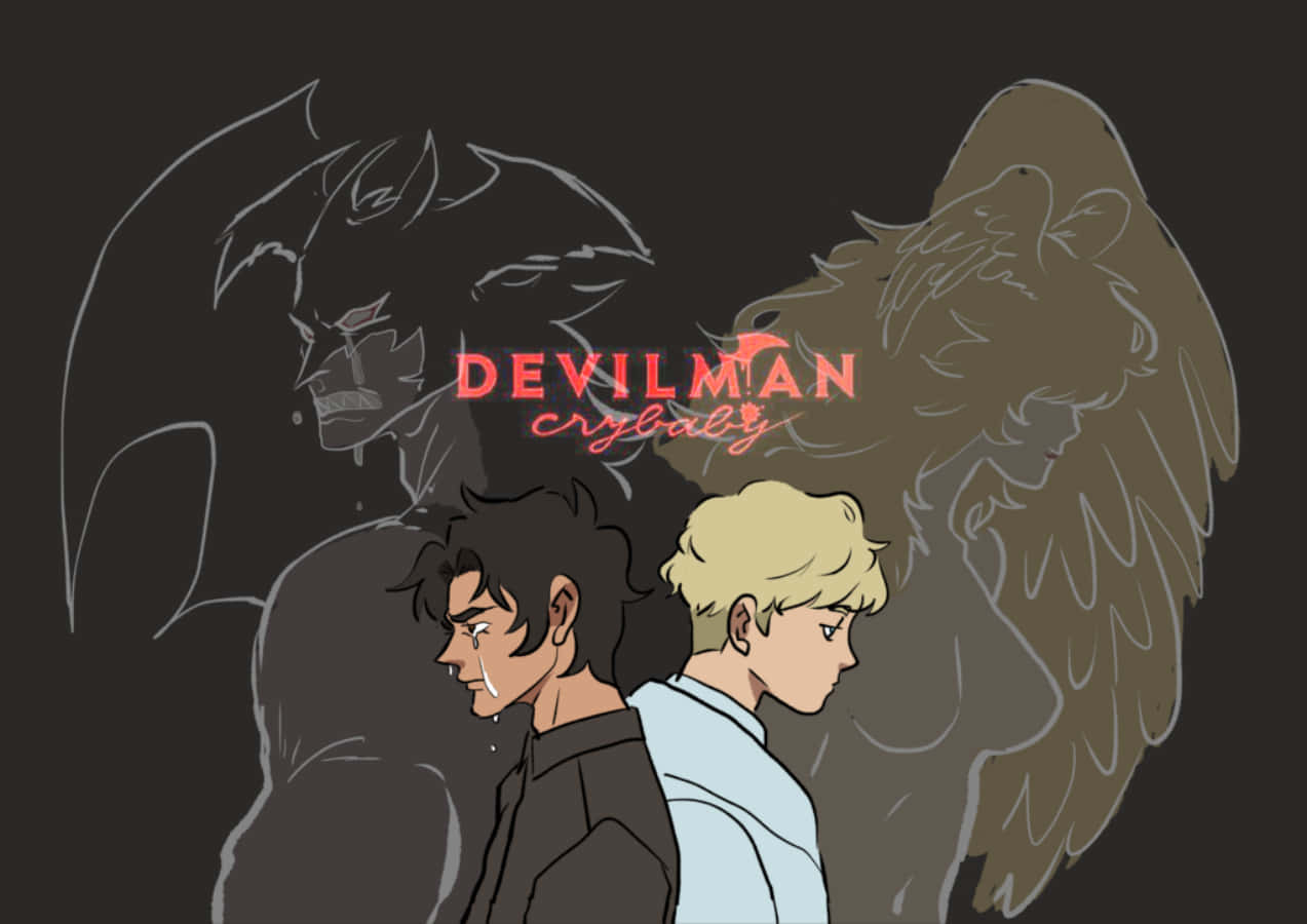 Devilman Crybaby 桌布 壁紙 — 兩個動漫角色背對背站立，魔鬼與天使的剪影在他們身後若隱若現，下方是發光的紅色標題文字。