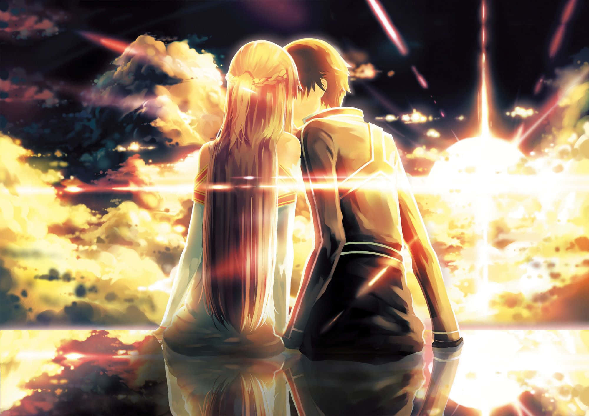 anime kiss 桌布 壁紙 — 兩個動漫角色背對背站立在燦爛的日落天空下，天空中有發光的雲朵和光線條紋。