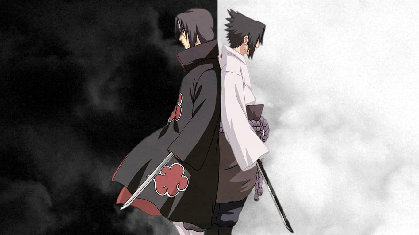 Naruto HD 桌布 壁紙 — 兩個動漫角色背對背站立在黑白對比的背景中，一個穿著帶有紅色雲朵的深色斗篷，另一個穿著白色，兩人都手持劍。