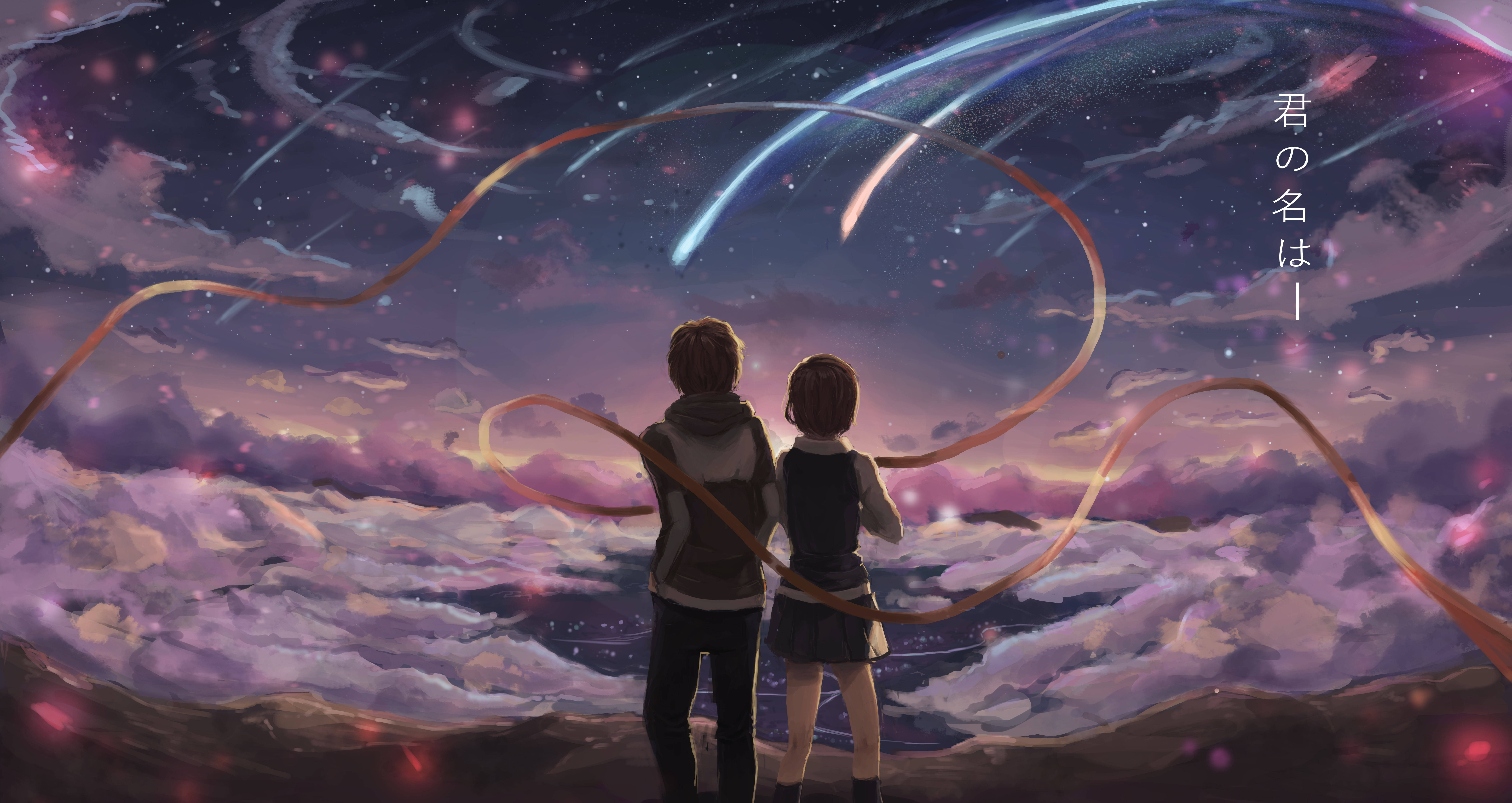 Your Name 桌布 壁紙 — 兩個動漫角色背對背站著，凝視著充滿發光絲帶和星星的宇宙天空。