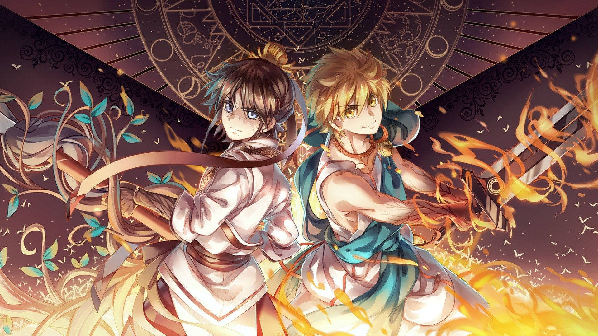 Labyrinth 桌布 壁紙 — 兩個動漫角色背靠背站立，在旋轉的火焰和華麗的天體圖案中揮舞著劍。