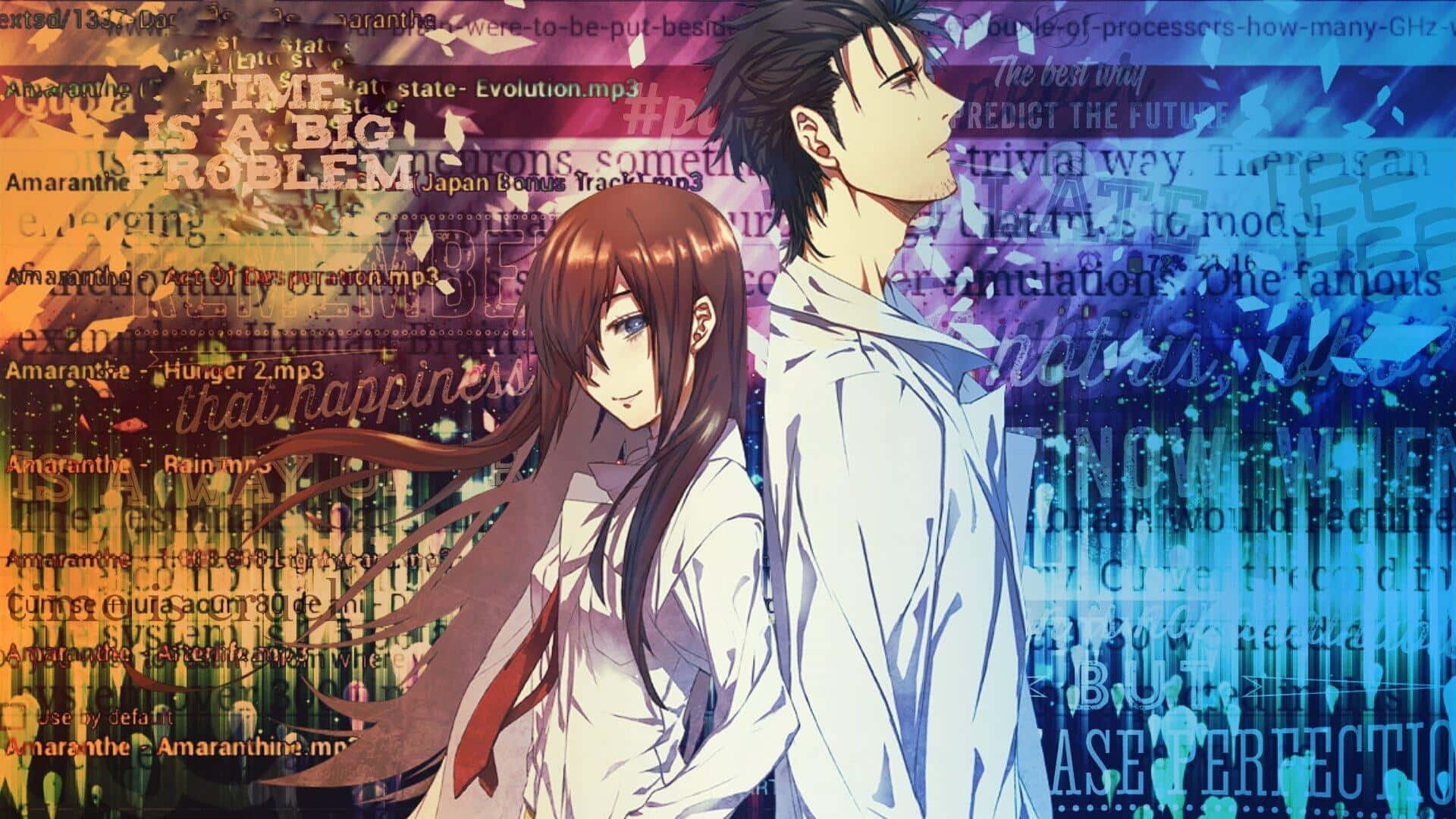Rintaro Okabe 桌布 壁紙 — 兩個動漫角色背靠背站立，背景是充滿文字和發光色彩的數位拼貼畫。