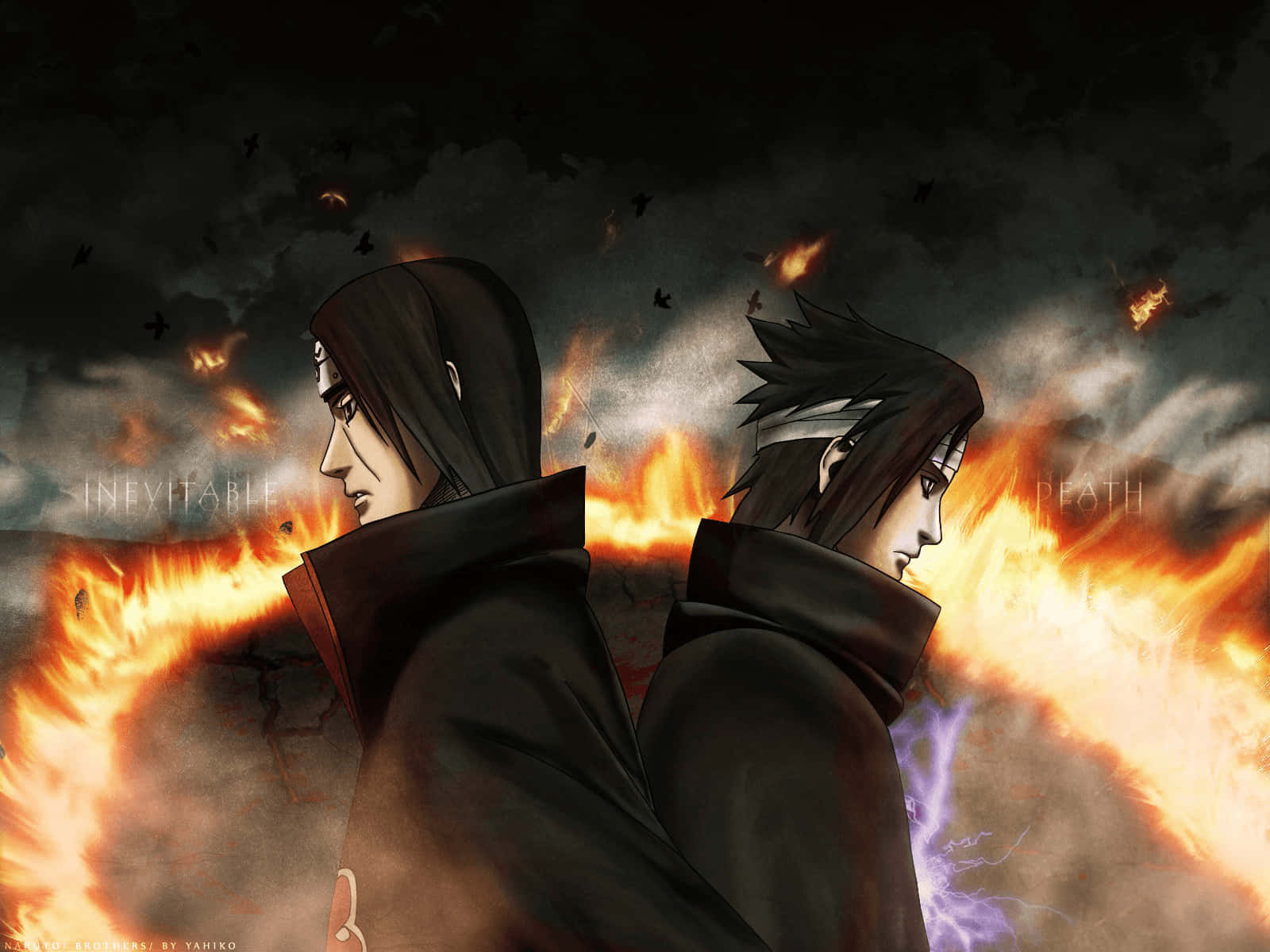 Yahiko 桌布 壁紙 — 兩個動漫角色背靠背站立，背景是火紅的天空，烏雲密佈，鳥兒在頭頂飛翔。