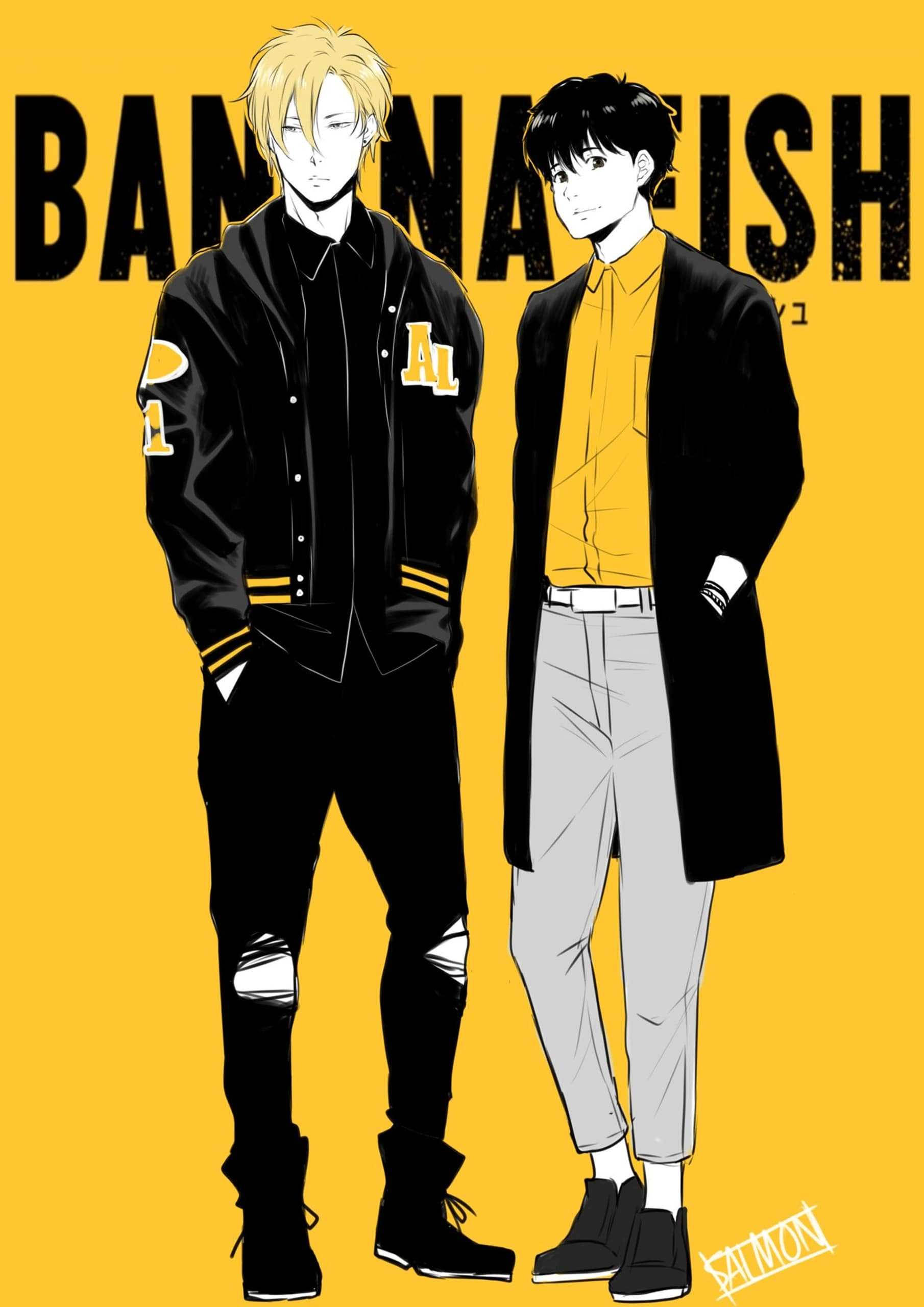 Banana Fish 桌布 壁紙 — 兩個動漫角色自信地站在大膽的黃色背景前，標題「BANANA FISH」以大型黑色字母呈現。