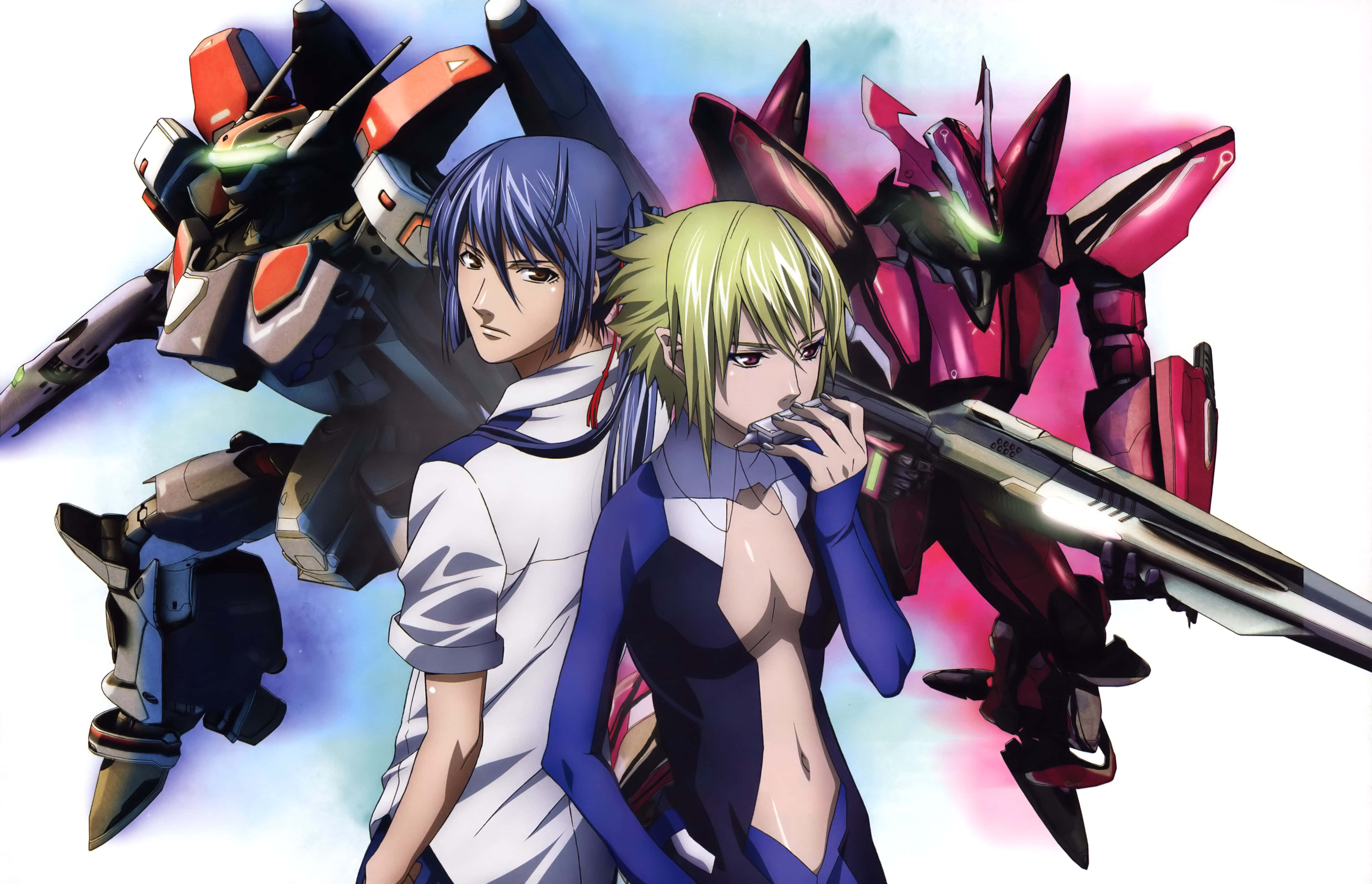 Macross 桌布 壁紙 — 兩個動漫角色自信地站在巨型機甲旁邊，背景是充滿活力的漸變天空。