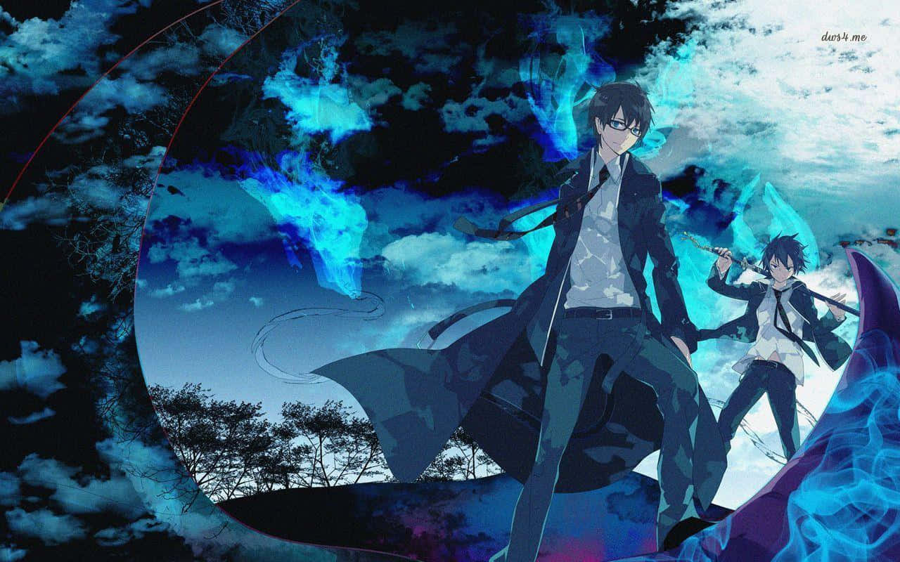 Blue Exorcist 桌布 壁紙 — 兩個動漫角色自信地站在旋轉的藍黑宇宙天空前，帶有發光的能量效果。