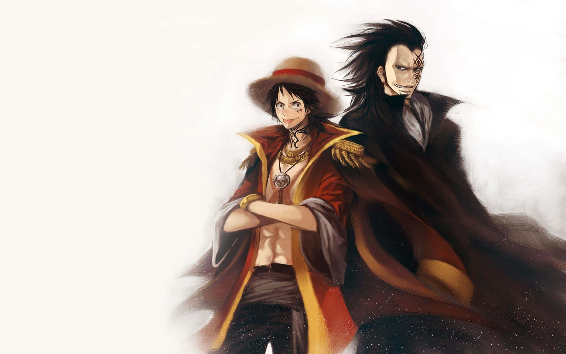Luffy 桌布 壁紙 — 兩個動漫角色自信地站在明亮的白色背景前，一個穿著紅色外套戴帽子，另一個穿著深色斗篷帶有面部標記。