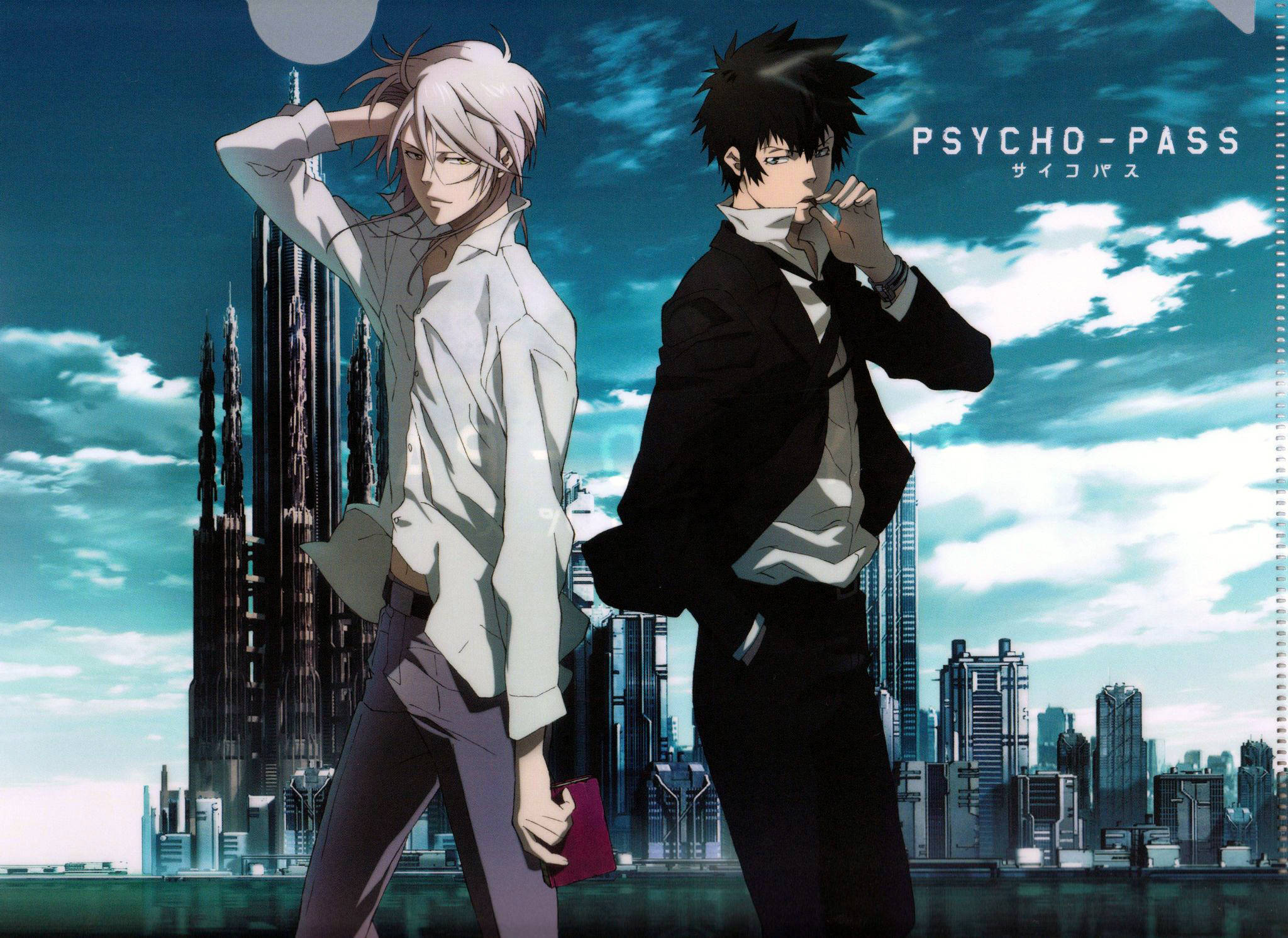 psycho 桌布 壁紙 — 兩個動漫角色自信地站在未來城市天際線前，背景是戲劇性的青綠色天空。