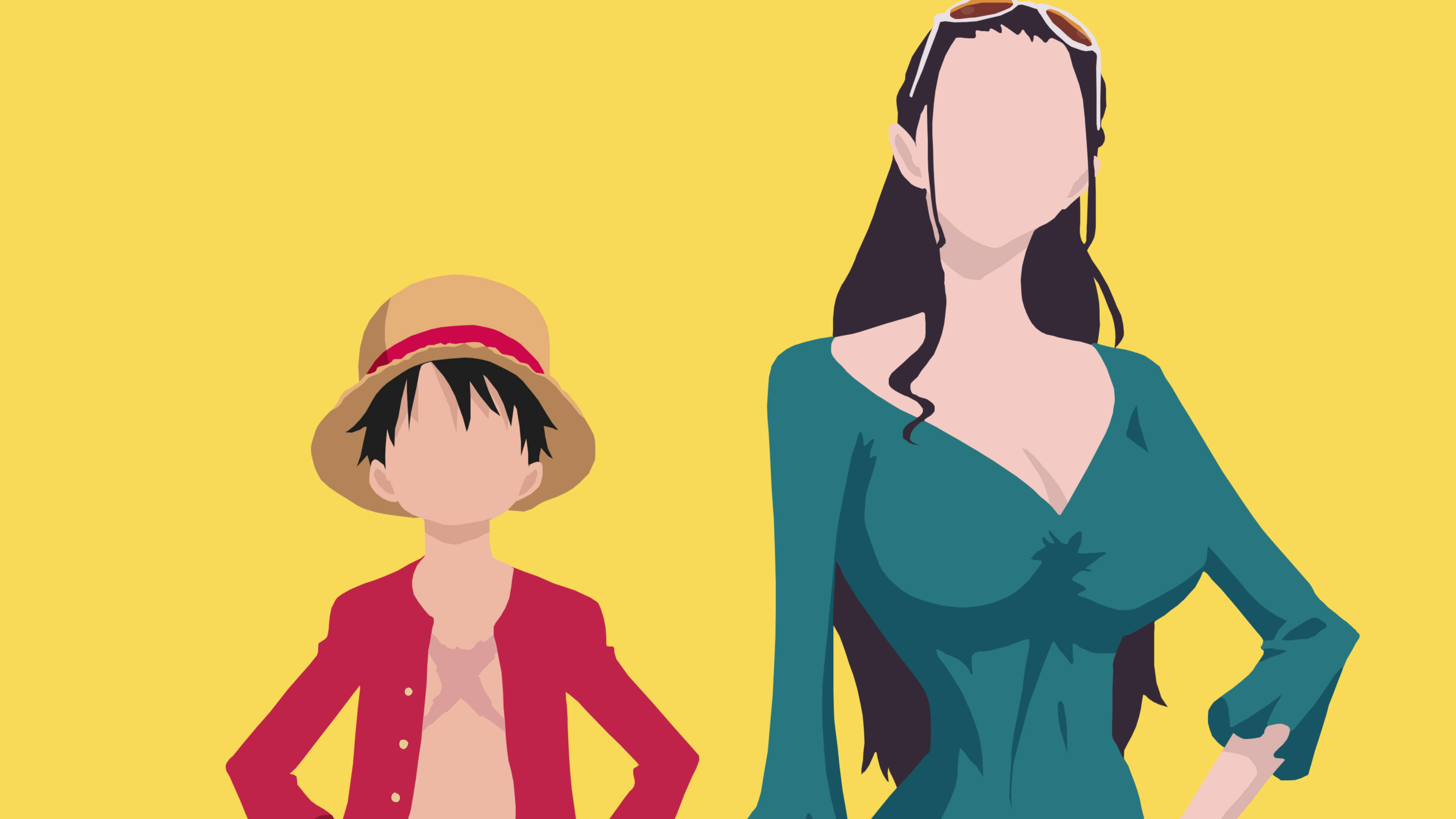 Luffy 桌布 壁紙 — 兩個動漫角色自信地站在純黃色背景前，一個穿著紅色外套和草帽，另一個穿著青綠色連衣裙，頭上戴著太陽眼鏡。