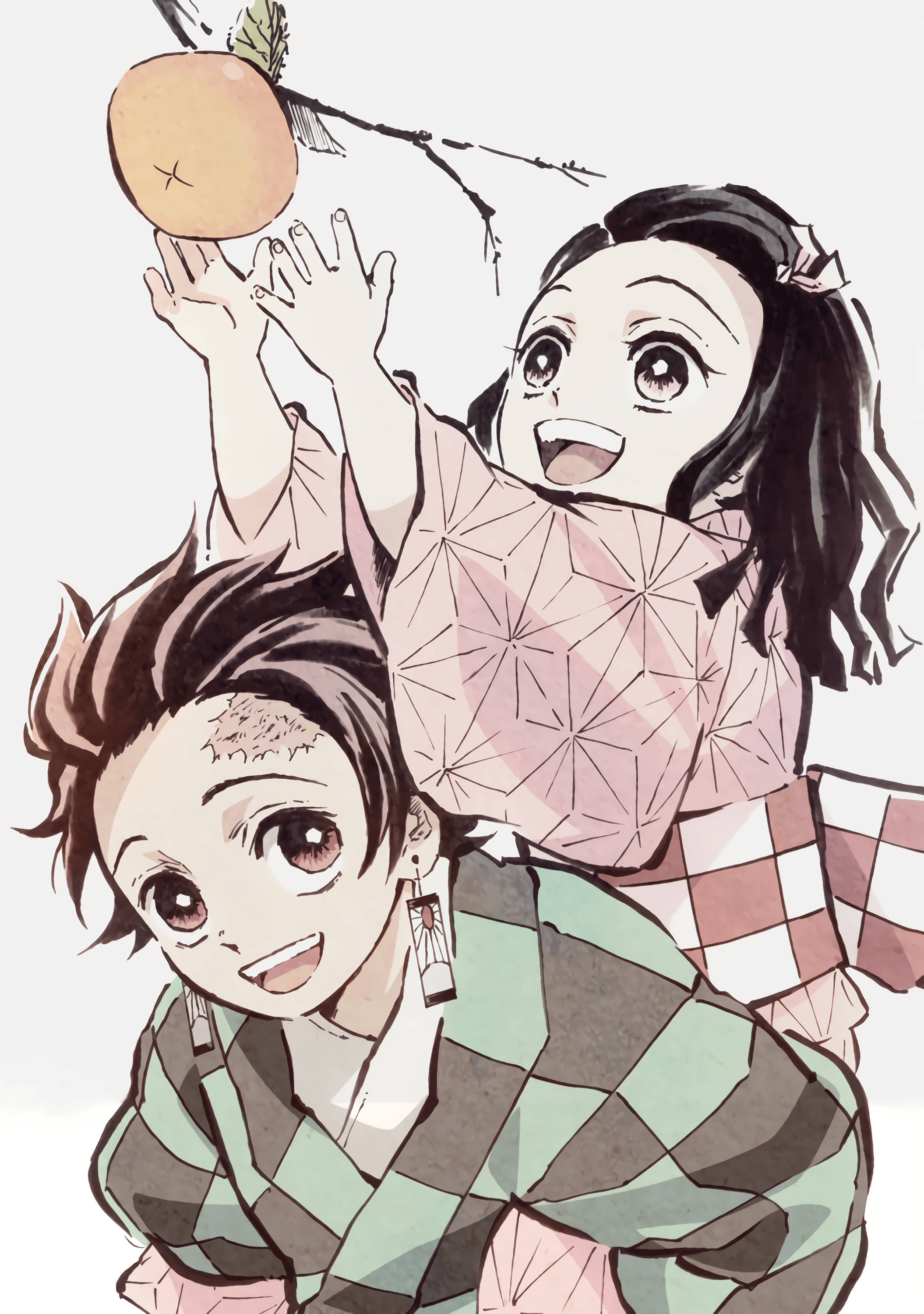 Demon Slayer Tanjiro 桌布 壁紙 — 兩個動漫角色興奮地睜大眼睛，高興地伸手去夠樹枝上的桃子。