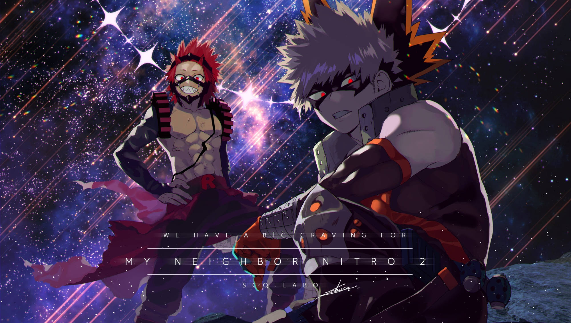 Bakugo 桌布 壁紙 — 兩個動漫角色英雄地站在充滿發光星星和光線的鮮豔宇宙背景下。