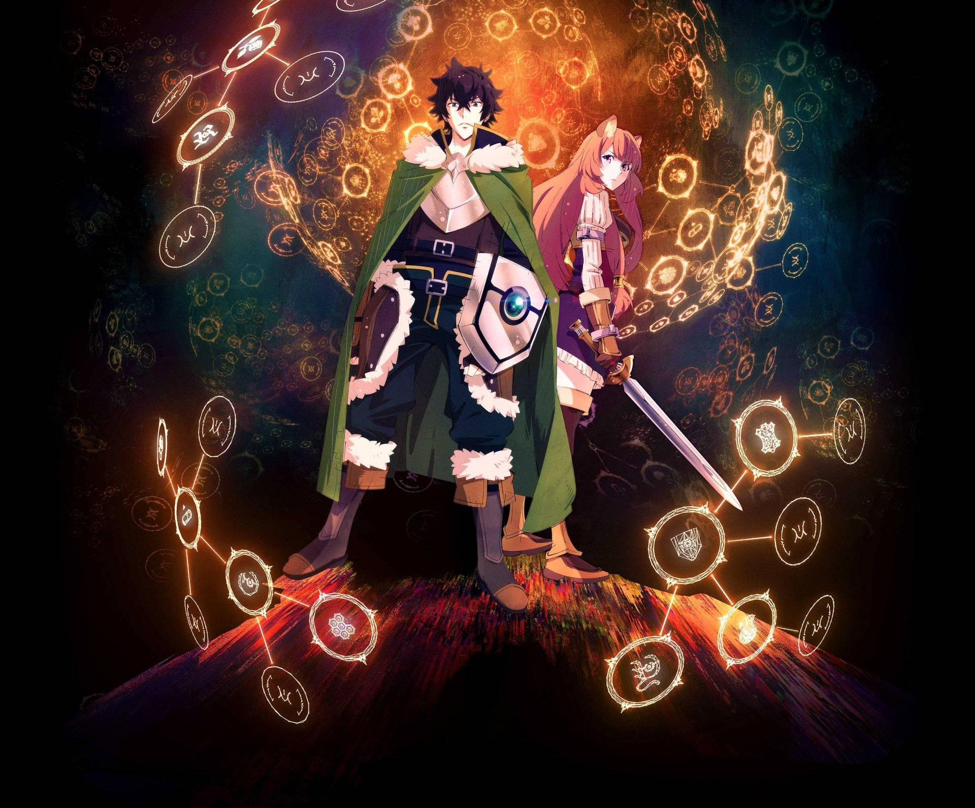 Raphtalia 桌布 壁紙 — 兩個動漫角色英雄般地站在一個發光的平台上，周圍漂浮著魔法符號，背景是黑暗的宇宙環境。