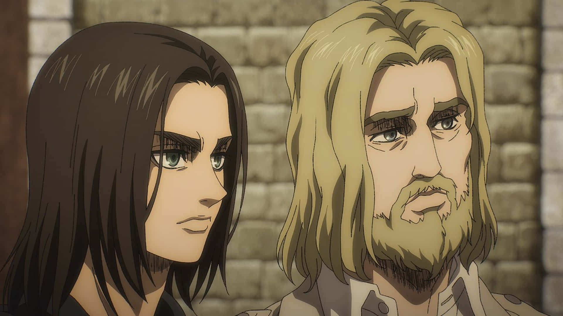 Attack On Titan The Final Season 桌布 壁紙 — 兩個動漫角色表情強烈，靠近石牆背景站立。