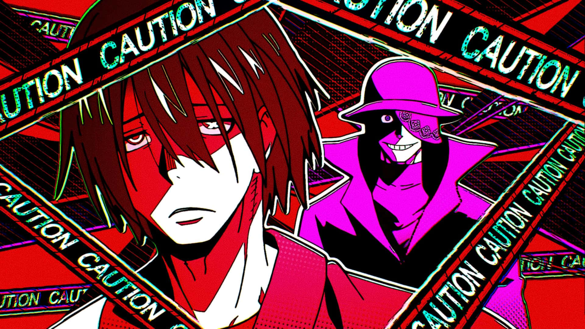 Fire Force Joker 桌布 壁紙 — 兩個動漫角色被斜角警示帶框住，呈現高對比霓虹紅與粉紅風格。