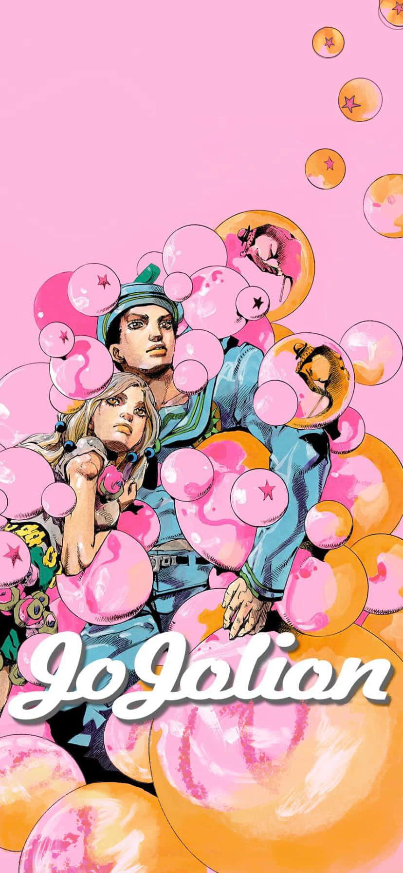 Jojo 桌布 壁紙 — 兩個動漫角色被粉紅色和橙色帶有星星圖案的氣泡包圍，背景為純粉紅色。