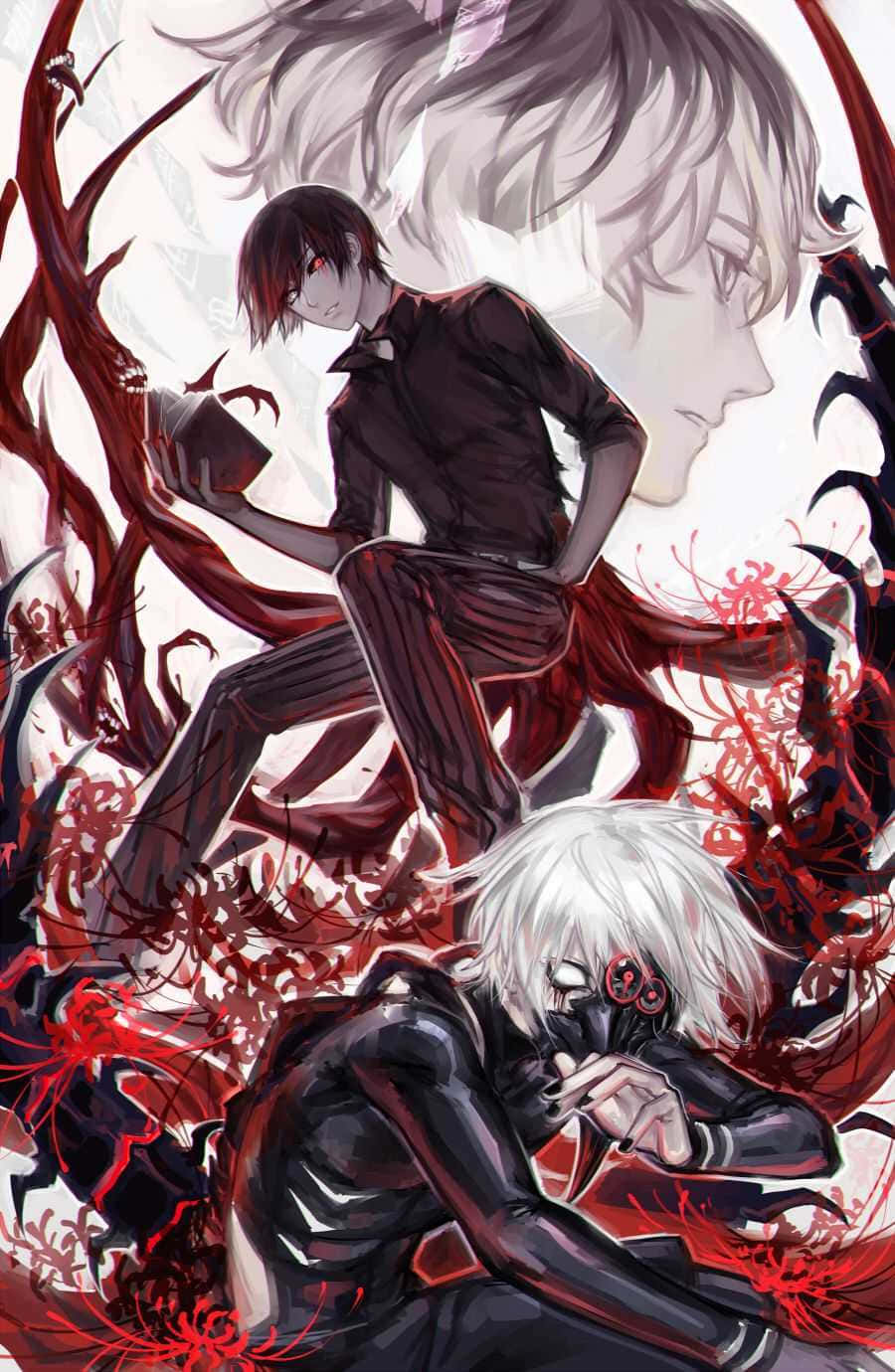 Sui Ishida 桌布 壁紙 — 兩個動漫角色被紅色花卉卷鬚和黑暗能量包圍，進行一場戲劇性的對峙。