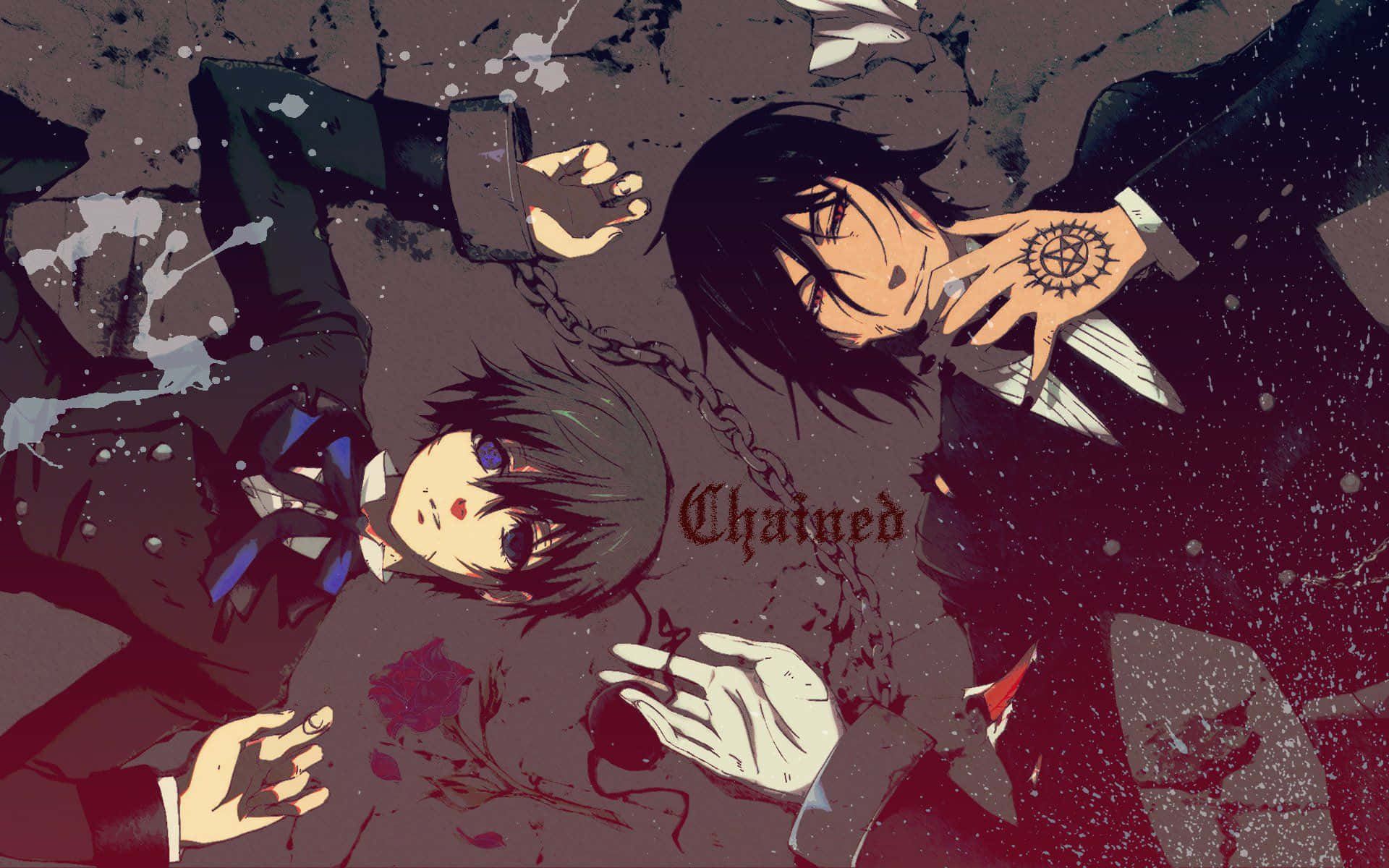 Black Butler 桌布 壁紙 — 兩個動漫角色被鎖鏈束縛在一個深紅色和灰色的飛濺場景中，中間寫著「Chained」這個詞。