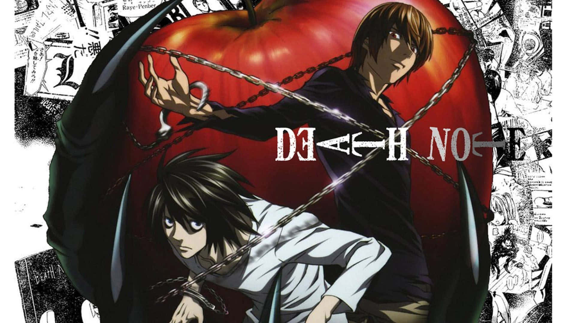 Death Note 4K 桌布 壁紙 — 兩個動漫角色被鎖鏈綁在一個巨大的紅蘋果周圍，背景有漫畫面板。