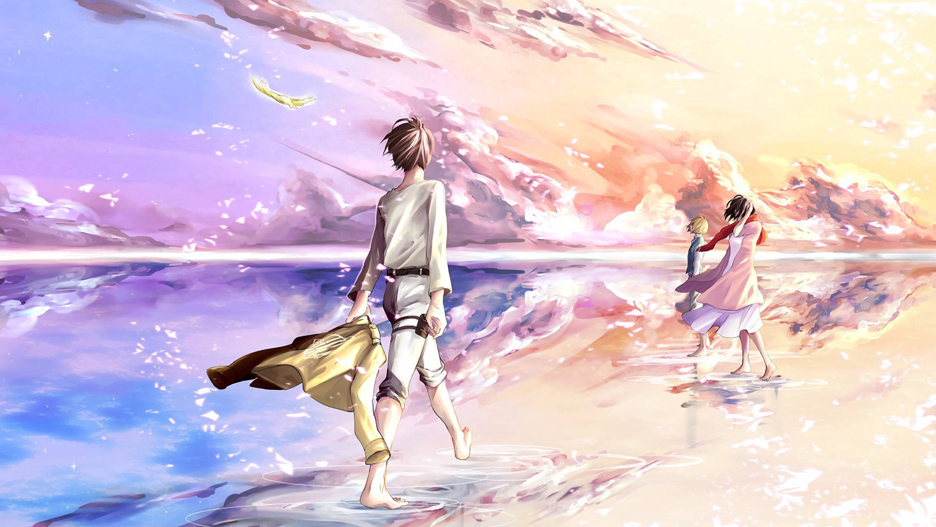 Anime Cloud 桌布 壁紙 — 兩個動漫角色赤腳走在反射的海灘上，天空是粉彩色的，有飄浮的花瓣和一隻發光的鳥。