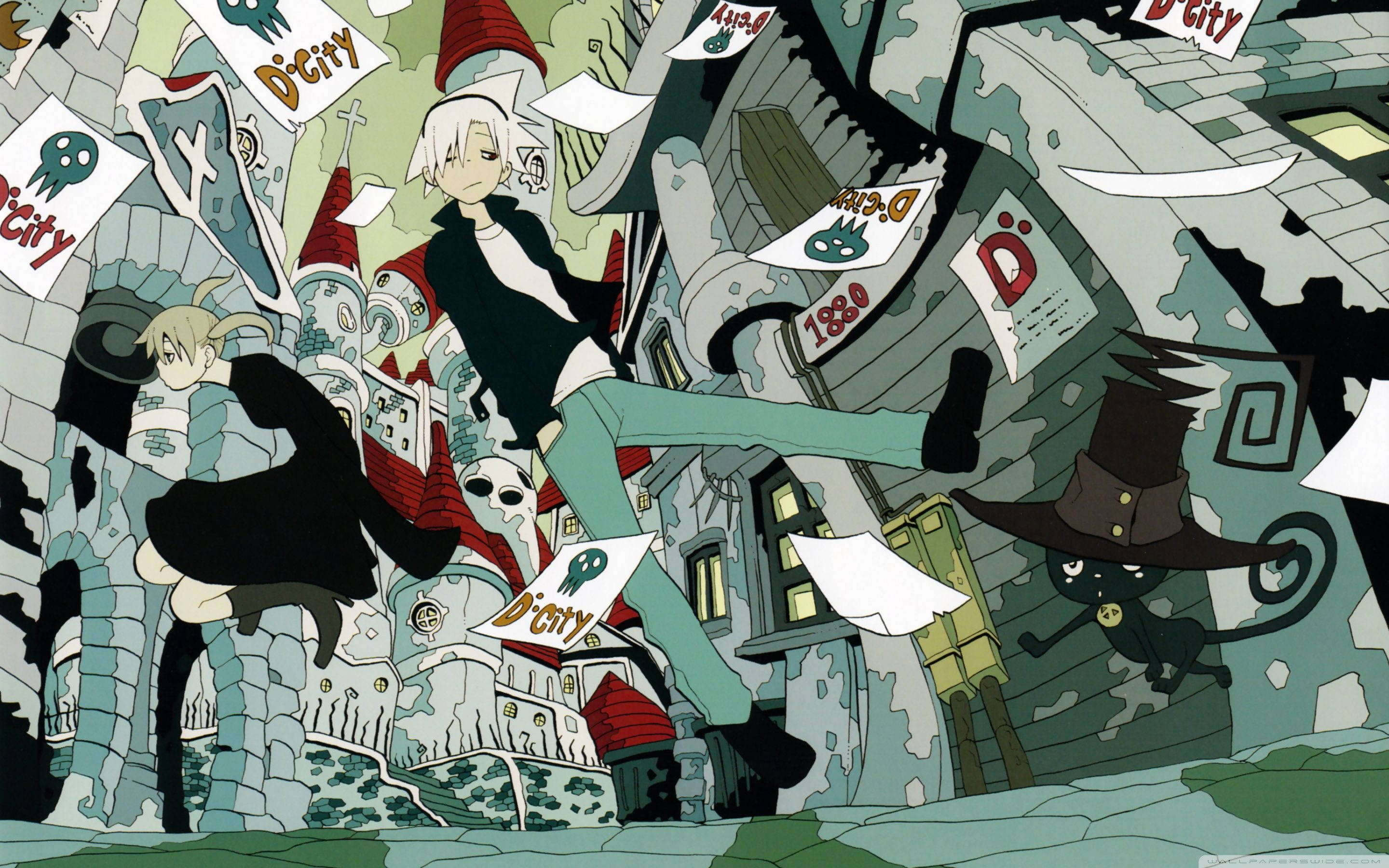 Soul Eater 桌布 壁紙 — 兩個動漫角色跳過一個超現實的城市景觀，其中有搖搖欲墜的建築物和漂浮的紙張，上面標有 D city。