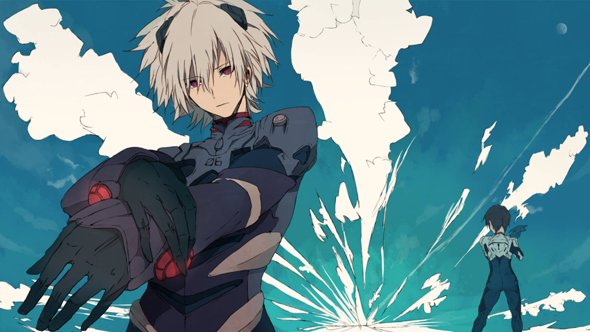 kaworu nagisa 桌布 壁紙 — 兩個動漫角色身穿戰鬥裝備，在爆炸性的白色能量爆發中站立，背景是帶有月亮的青綠色天空。