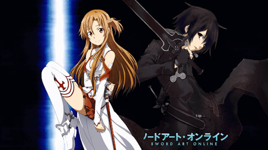 Kirito 桌布 壁紙 — 兩個動漫角色身穿戰鬥裝備，手持劍，站在黑暗背景前，被明亮的藍色垂直光照亮。