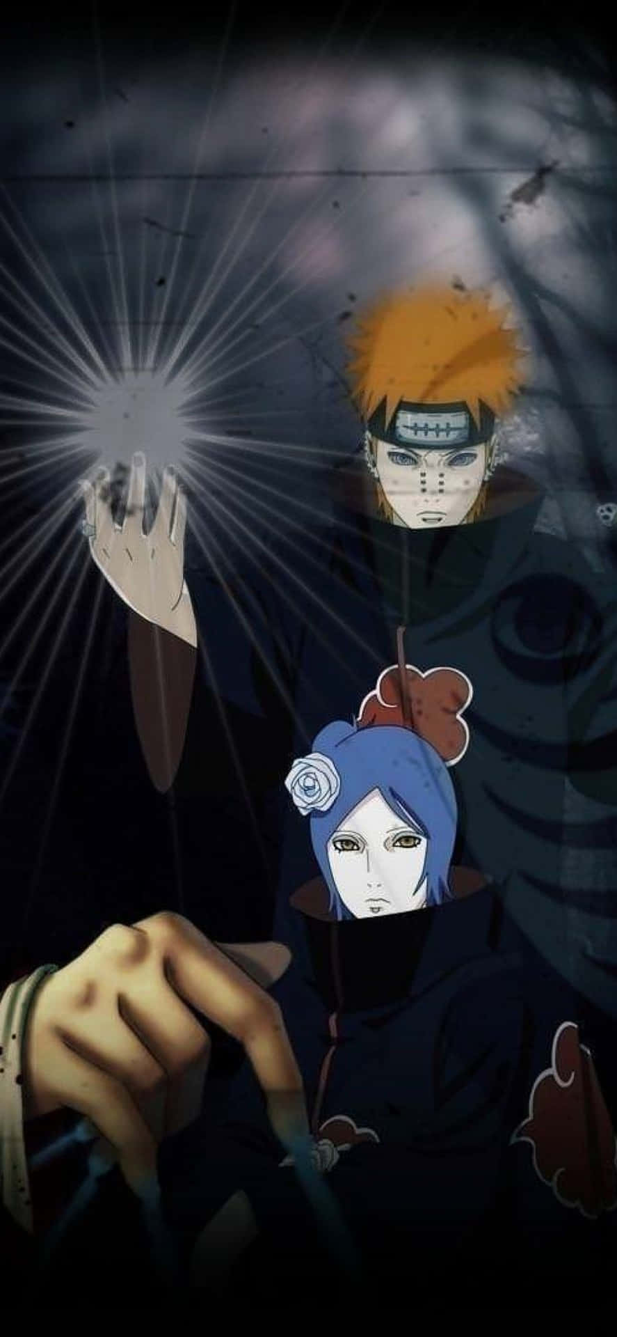 Akatsuki Yahiko 桌布 壁紙 — 兩個動漫角色身穿深色斗篷，一個有橙色頭髮和發光的手，另一個有藍色頭髮和白玫瑰，背景陰暗風暴。