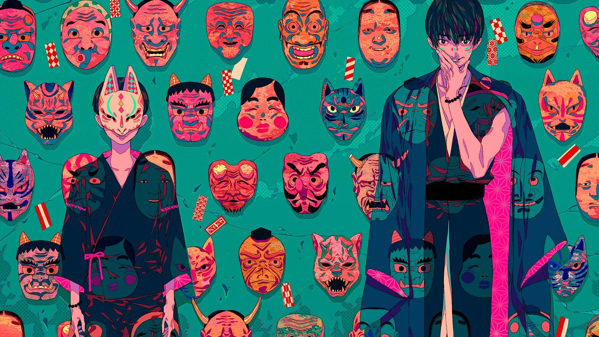 Oni 桌布 壁紙 — 兩個動漫角色身穿深色長袍，站在一面掛滿色彩繽紛的日本節日面具的牆前，背景為青綠色。