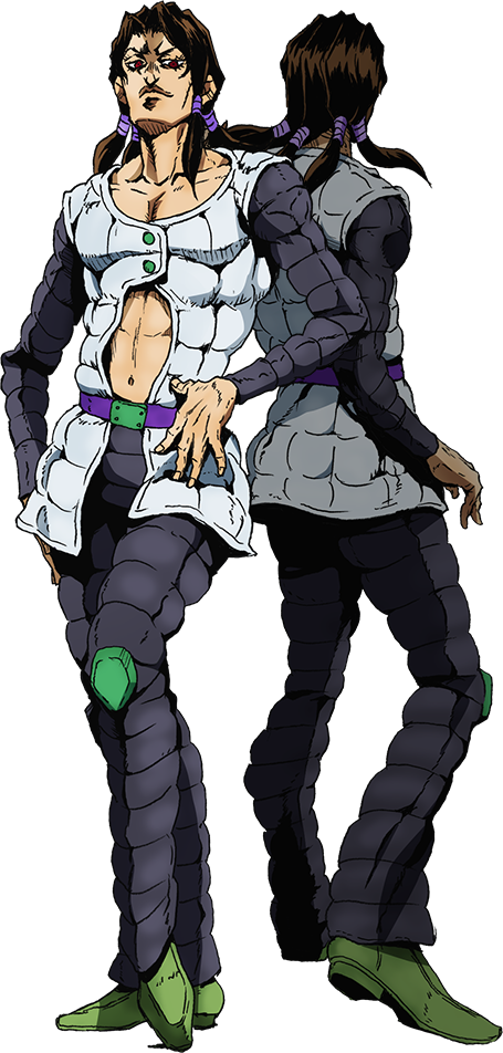 Jojo 桌布 壁紙 — 兩個動漫角色身穿盔甲，在黑色背景上擺姿勢，帶有綠色點綴和紫色髮帶。