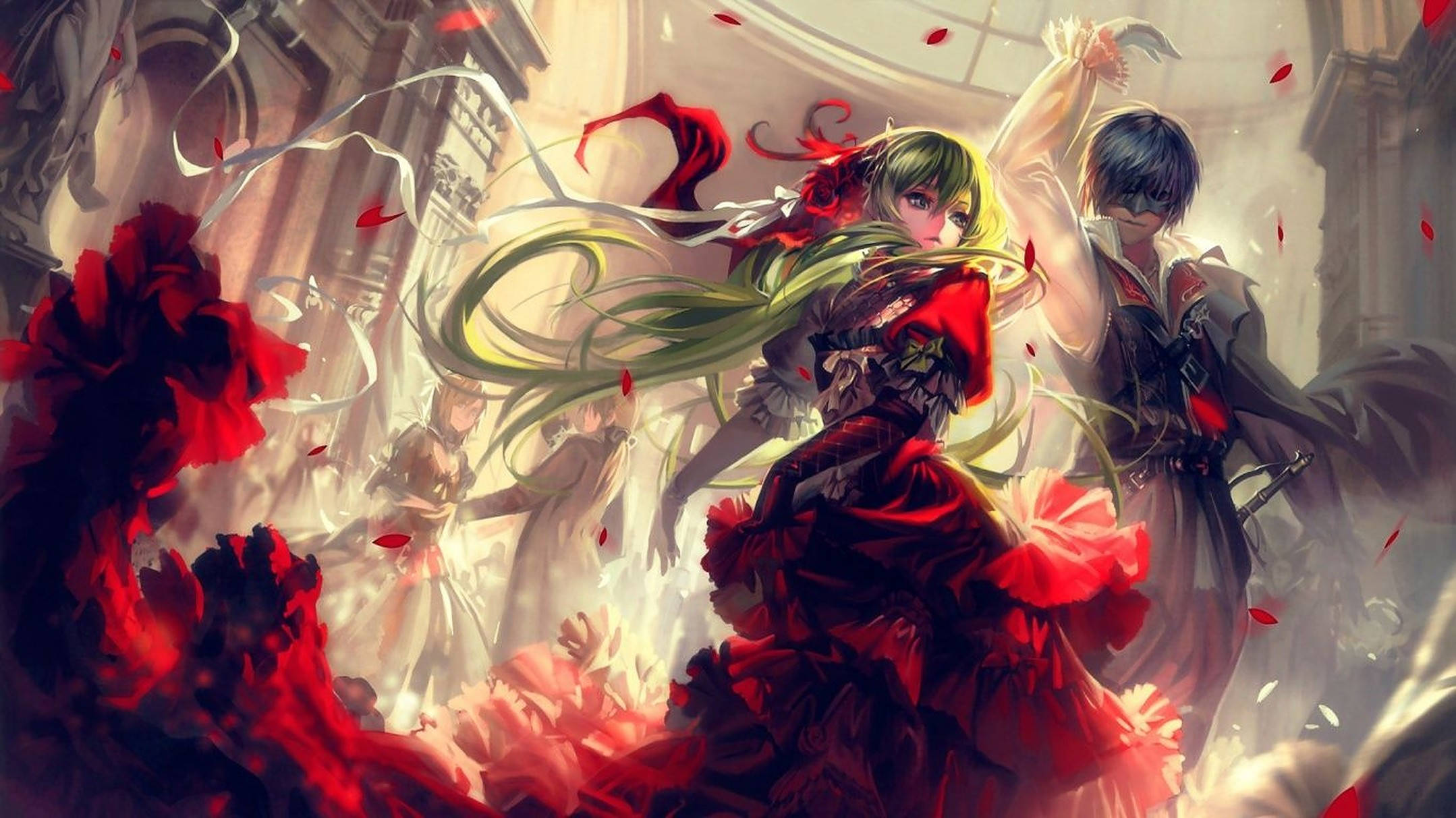 anime dance 桌布 壁紙 — 兩個動漫角色身穿紅色和綠色服裝，在宏偉華麗的大廳中，於飄落的花瓣間起舞。