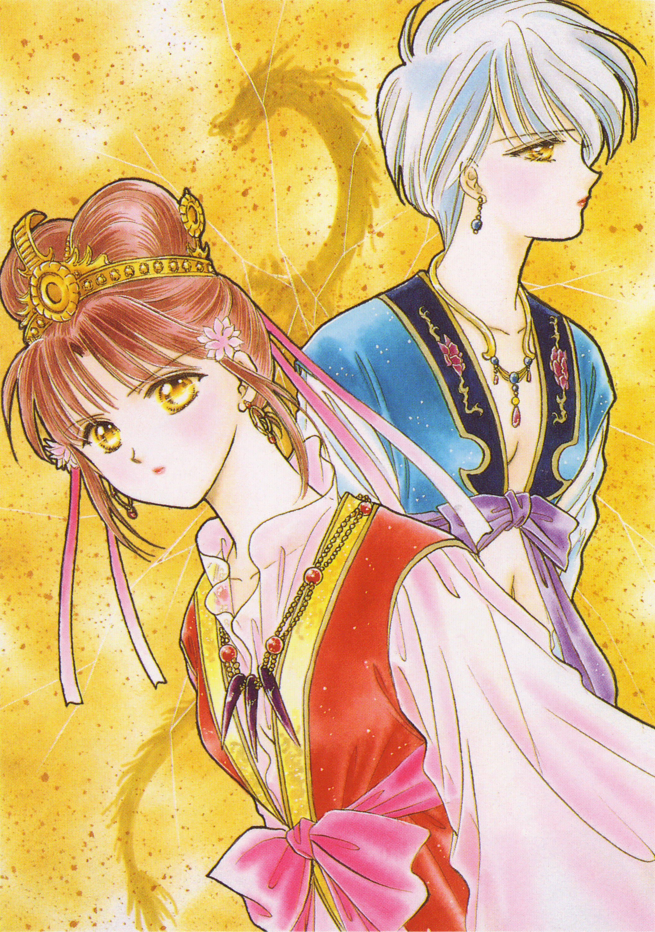 Fushigi Yuugi 桌布 壁紙 — 兩個動漫角色身穿華麗傳統服飾，站在光芒四射的金色背景前，背景有龍的剪影。